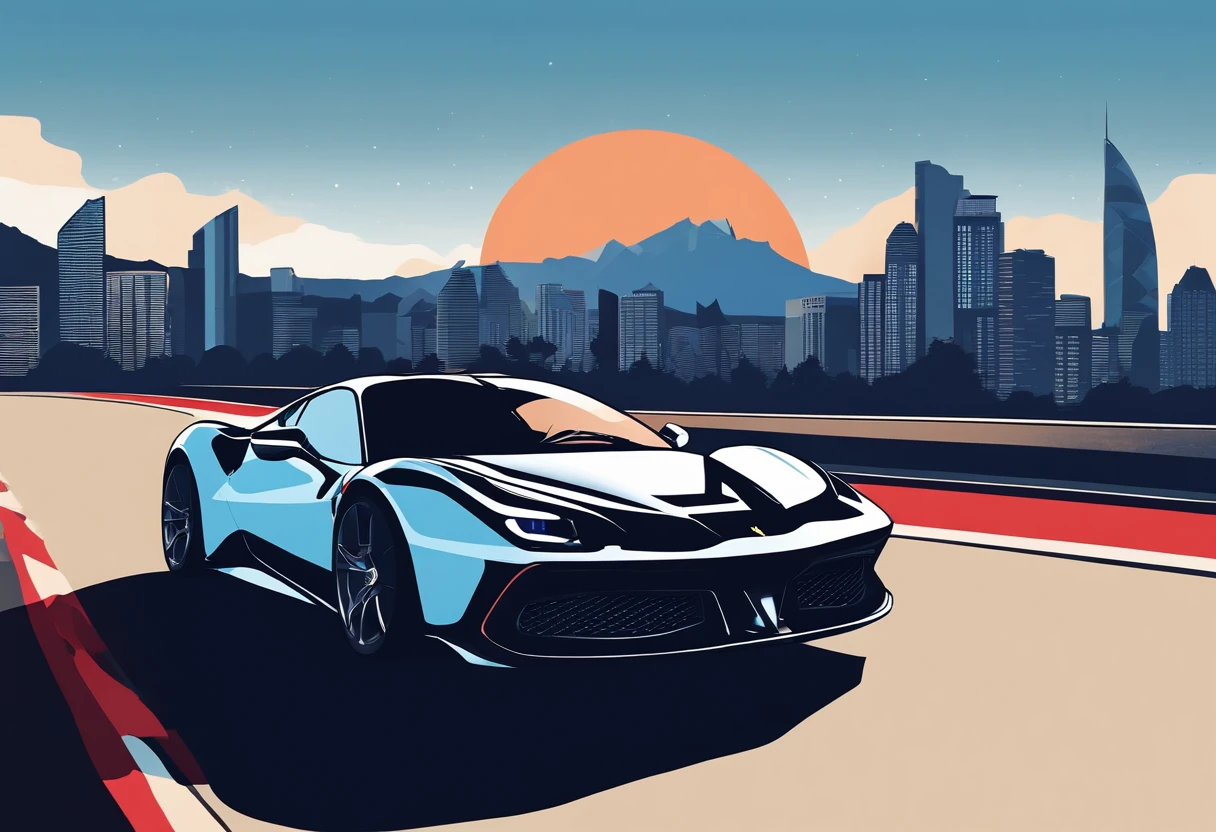(Best quality, 8k, Masterpiece :1.2), hyper realistic, at a mountain, an detailed red Ferrari 488, Speeding on the highway, (Facing the audience), The blue skyscraper in the background, at night,