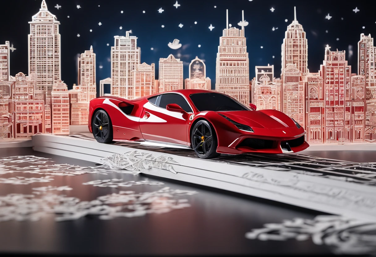 (Best quality, 8k, Masterpiece :1.2), hyper realistic, at a mountain, an detailed red Ferrari 488, Speeding on the highway, (Facing the audience), The blue skyscraper in the background, at night,