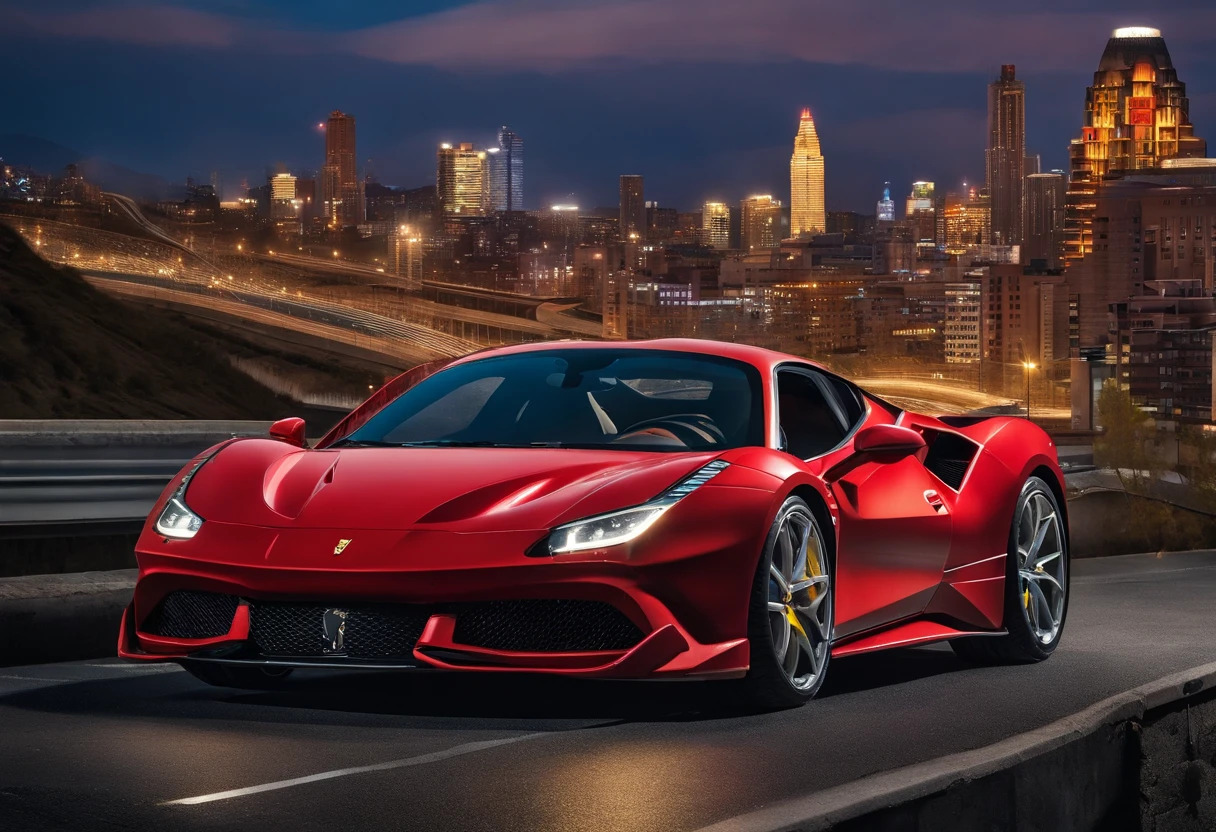 (Best quality, 8k, Masterpiece :1.2), hyper realistic, at a mountain, an detailed red Ferrari 488, Speeding on the highway, (Facing the audience), The blue skyscraper in the background, at night,