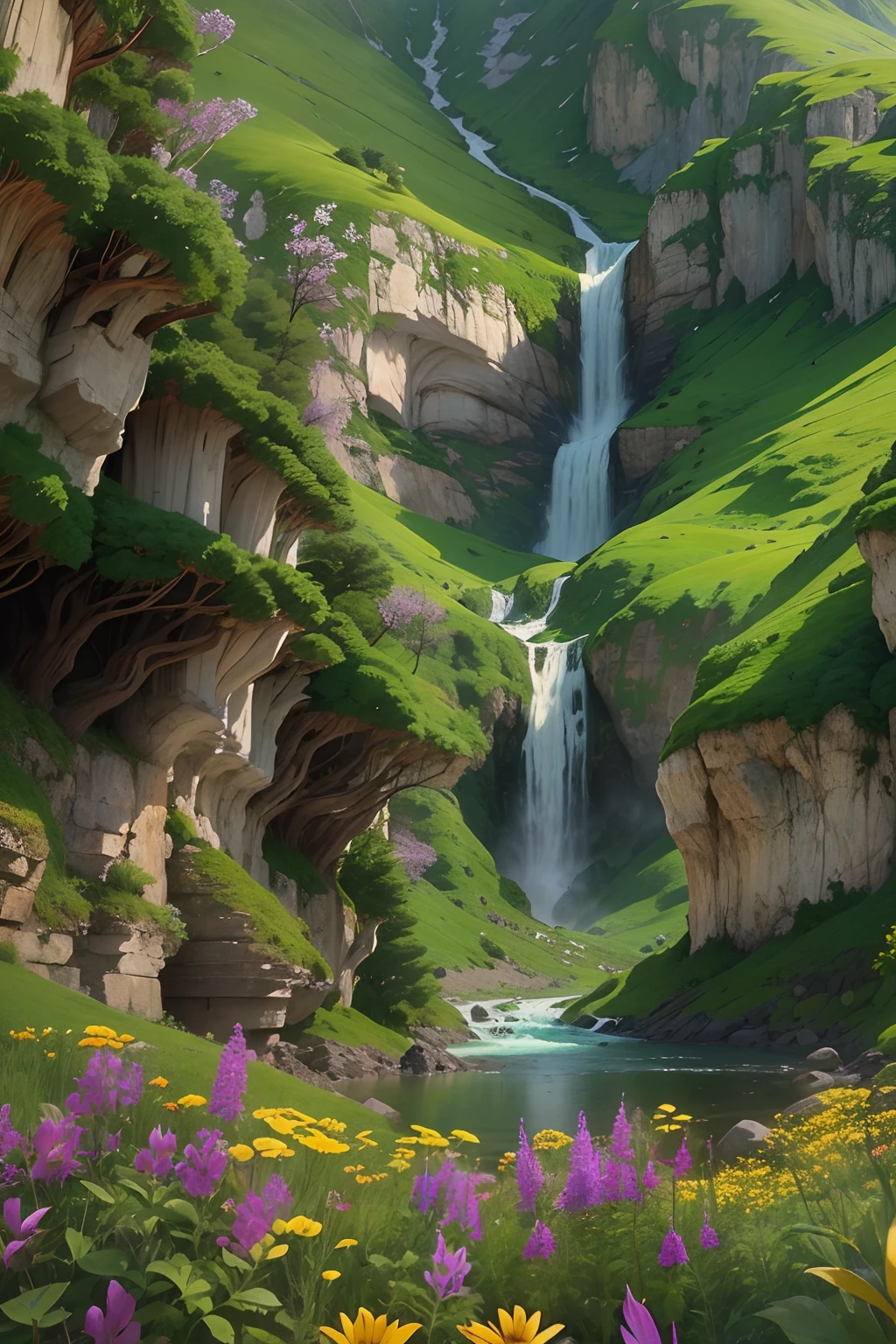 Between mountains, There is a waterfall flowing down the middle, steins, water bloom. wildflowers, ancient wood,