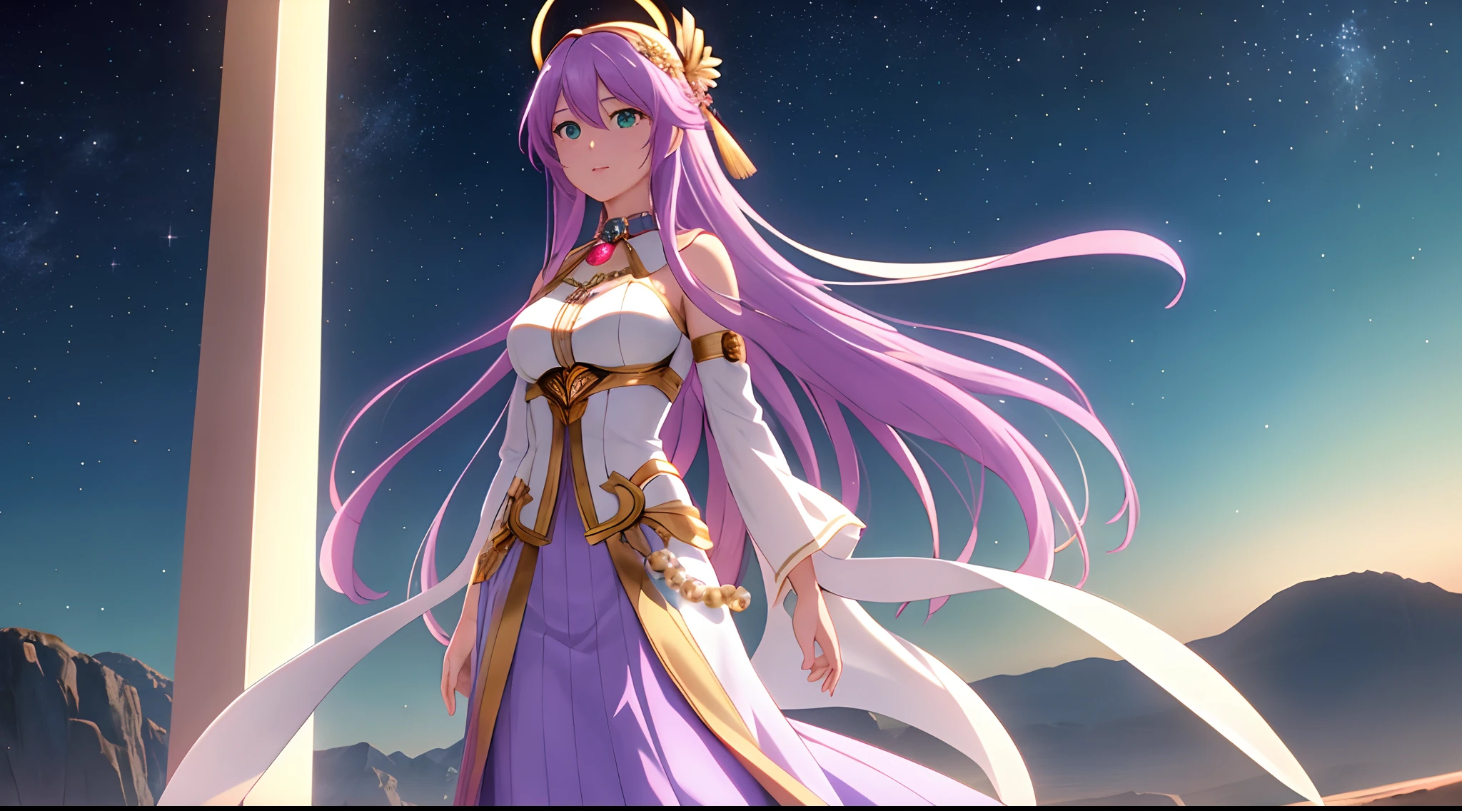 Athena with plain long light purple hair,hair between eyes,green eyes,rosy cheeks,full lips,thin eyebrows,slender body,wearing superhero costume and full long skirt,praying beads on neck,cute anime girl,full body,desert night sky in background,anime style,Lumen Reflections,Screen Space Reflections,Diffraction Grading,Chromatic Aberration,GB Displacement,Scan Lines,Ray Traced,Anti-Aliasing,FXAA,TXAA,RTX,SSAO,Shaders,OpenGL-Shaders, GLSL-Shaders,Post Processing,Post-Production,cell Shading,Tone Mapping,CGI,VFX,SFX,insanely detailed and intricate, 4K,standing, solo, masterpiece, best quality, detailed face, detailed eyes, highres, standing, solo,masterpiece, best quality