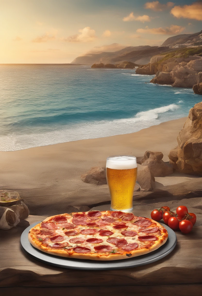pizza de jamos y morrones, con panceta servida en una bandeja de metal, en una mesa de madera, con un vaso transpirado de cerveza fria, con el fondo de una playa en el verano a las 14 hs