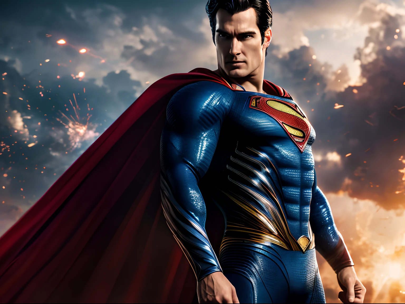 Dynamic representation of Superman, wallpaper hd, in the style of vivid energy explosions, 8k, realistic and hyper-detailed renderings, precisionist art, photorealistic scenes, epic, glassy translucence, detailed and intricate environment, unreal engine, strong facial expression.