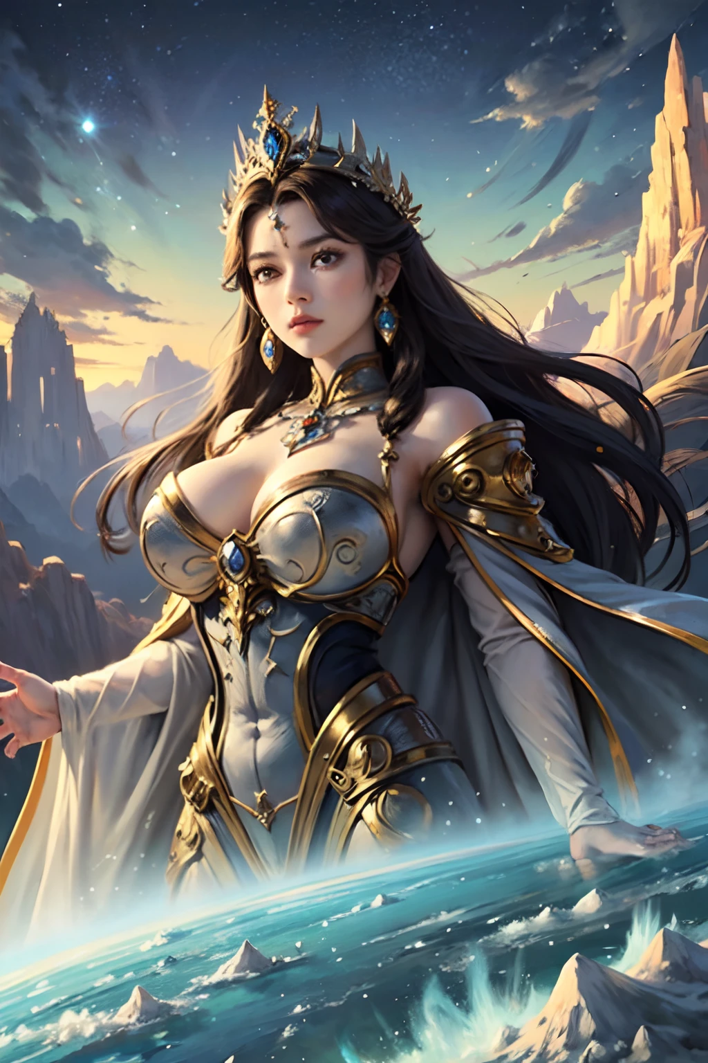 "(Masterpiece, Top Quality: 1.2), Official Art, Earth Goddess, Towering Over Mountains and Rivers, Holding the Planet Earth, Eyes (Deep Earthly Gaze: 1.3), Crown Adorned with Elements of Nature, (Gown of Majestic Landscapes: 1.4), (Immense Stature Amidst Earth's Beauty: 1.1), (Natural Background: 1.5), (Aura of Earthly Grandeur), Nature as Her Domain."