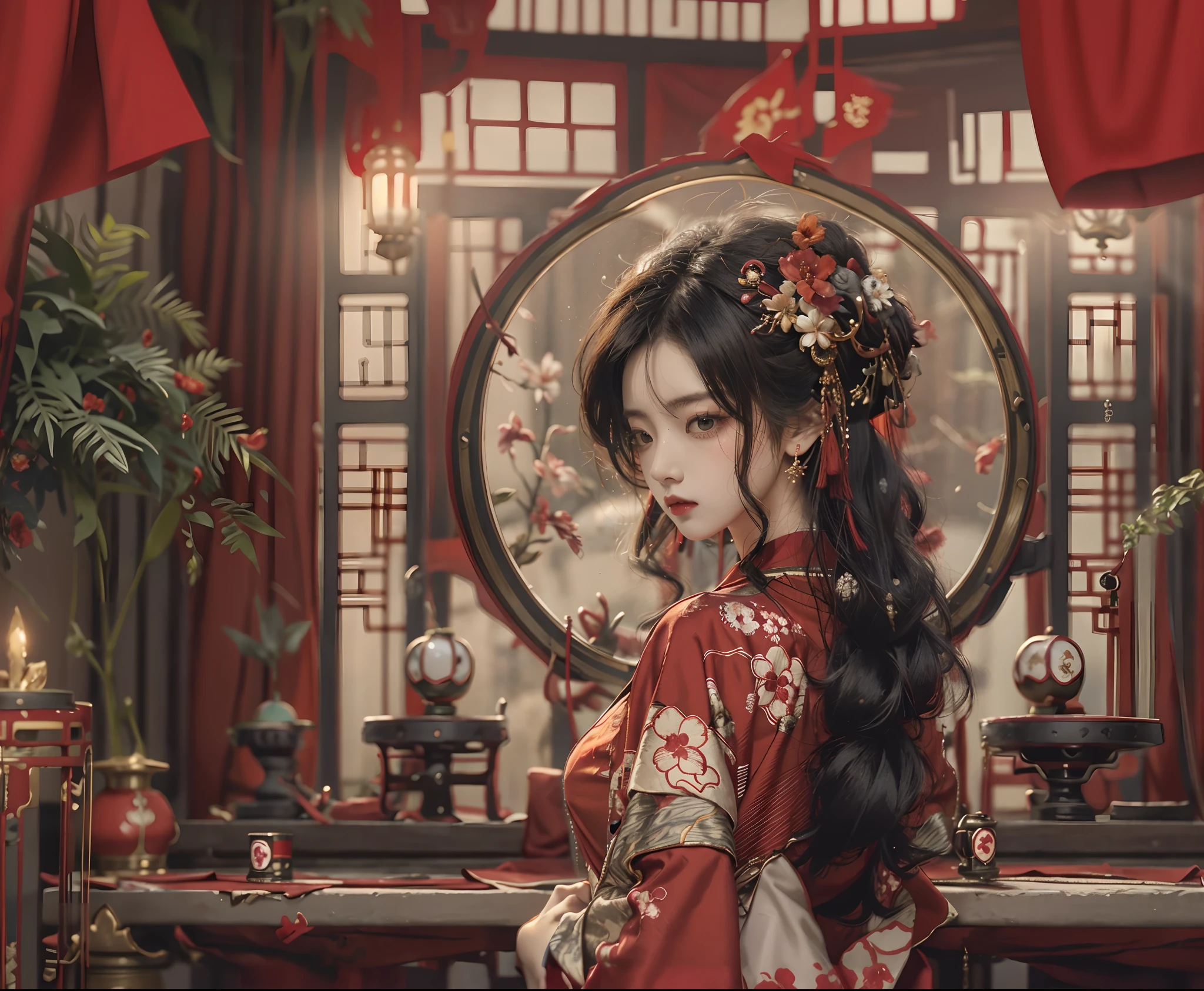 In front of the mirror stood a woman in a red and white dress, Palace , A girl in Hanfu, Hanfu, Chinese style, Guviz, with acient chinese clothes, Guviz-style artwork, Traditional beauty, Chinese costume, Wearing ancient Chinese clothes, guweiz masterpiece, Chinese traditional, Traditional Chinese clothing