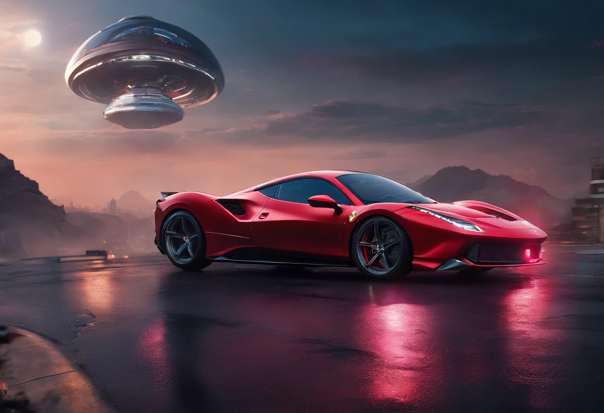 (Best quality, 8k, Masterpiece :1.2), hyper realistic, at a mountain, an detailed red Ferrari 488, Speeding on the highway, (Facing the audience), The blue skyscraper in the background, at night,