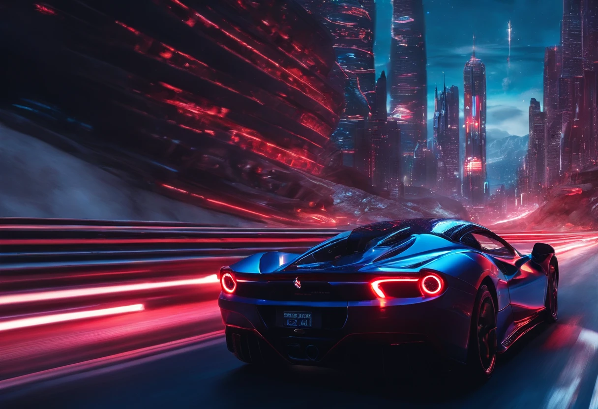 (Best quality, 8k, Masterpiece :1.2), hyper realistic, at a mountain, an detailed red Ferrari 488, Speeding on the highway, (Facing the audience), The blue skyscraper in the background, at night,