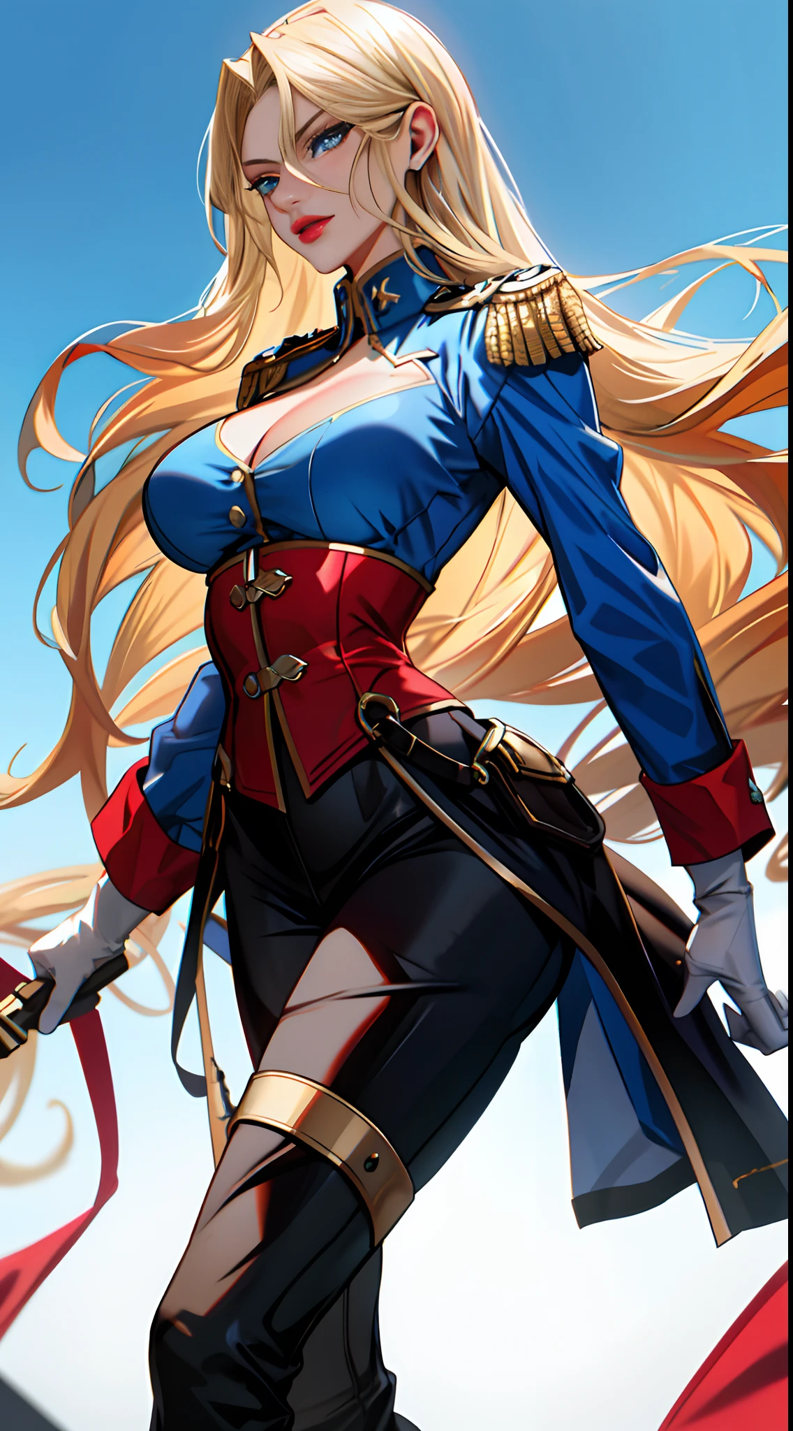 Female, Hime Cut Blonde hair, Blue eyes, dark brown skin, large breasts, wearing a military uniform and wielding a sword. A city background during the day time
