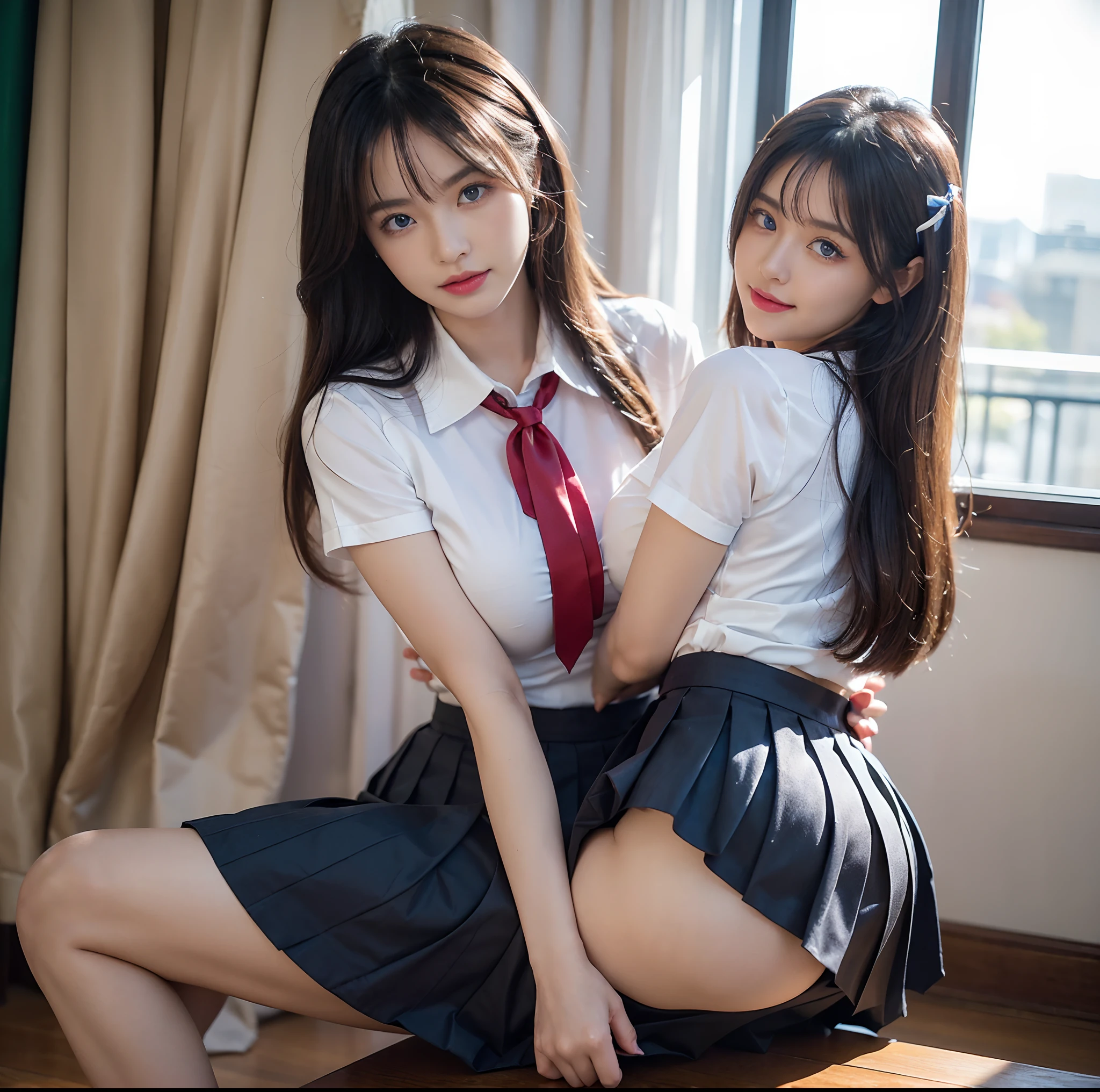 top-quality, ​masterpiece, (Professional lighting without shadows), A hyper-realistic, Bewitching, perfect anatomia, Two girls, (Proudly stand in front of the camera、Girl showing off ribbon tie, Another girl on the other side、Bend over and stick your butt out towards the camera), ( Huge breasts:1.2), Bright and even whitening skin without wrinkles and steps, (Bright beautiful blue eyes with long eyelashes and red tear bags reflect a lot of light:1.3)、 Braided half-up hair with bangs, (Her outfit is、Dress up tight fit cramped schoolgirl uniform with super short super mini pleated skirt:1.3), (Proudly showing off a crimson ribbon tie from the front), (Another girl on the other side、To beautifully emphasize the proud ultra mini pleated skirt、Showing off a pose with the buttocks exposed from directly behind:1.3), (Beautiful face squinting in dazzling light:1.3), (ssmile), (Plump red teardrop bag:1.2)