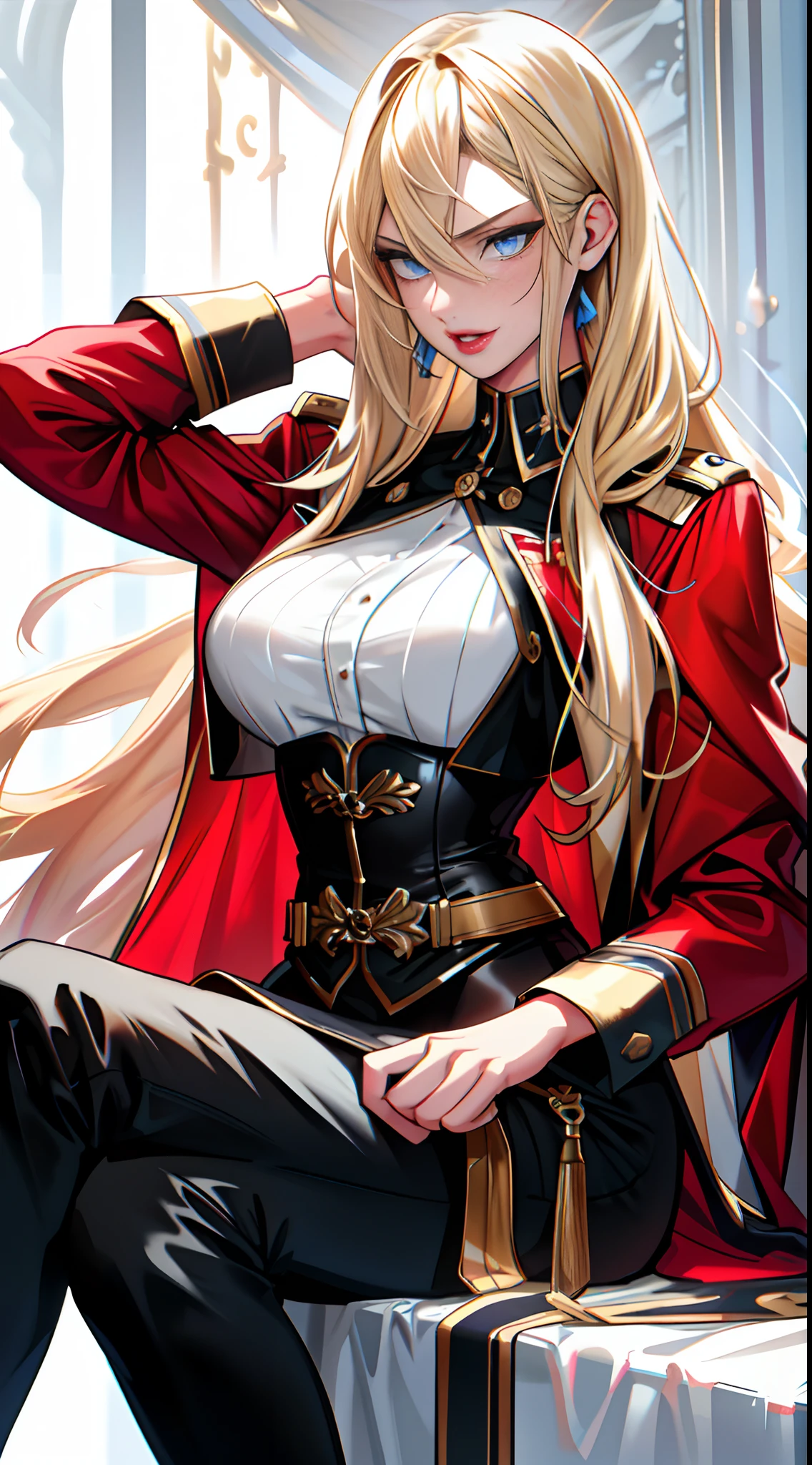 8k, best quality, masterpiece, highly detailed, semi realistic, a girl, young female, 20 years old, absurdly long blonde hair, hair between eyes, banks, blue eyes, big breast, cleavage, red lips, gorgeous military uniform, corset, slim figure, cool expression, skinny pants, thigh high boots,