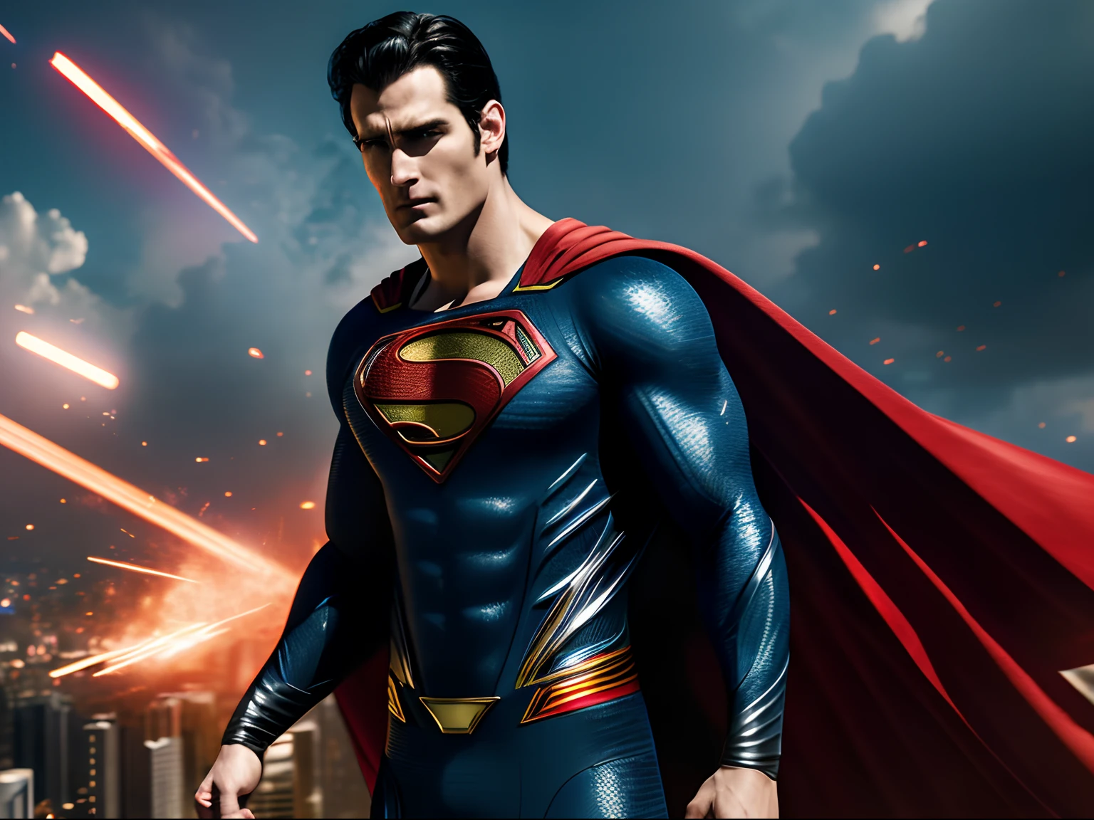 Dynamic representation of Superman, wallpaper hd, in the style of vivid energy explosions, 8k, realistic and hyper-detailed renderings, precisionist art, photorealistic scenes, epic, glassy translucence, detailed and intricate environment, unreal engine, strong facial expression.
