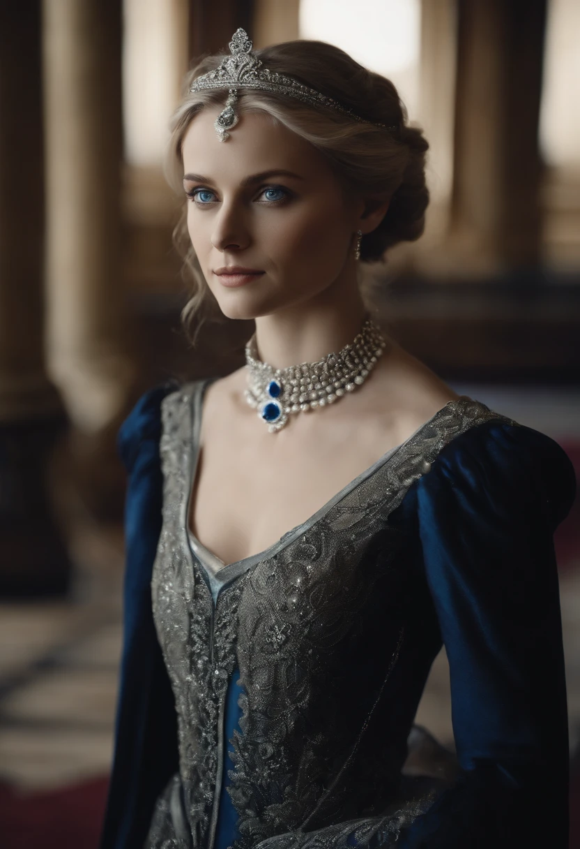 Full-body shot of a noble female in her 20s, inspired by Melanie Laurent, silver circlet, black modern royal clothes with silver details, bright silvery blue eyes and pale white skin, ultra sharp focus, realistic shot, in modern royal setting,