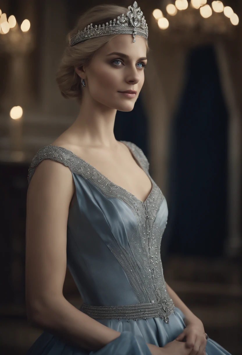Full-body shot of a noble female in her 20s, inspired by Melanie Laurent, silver circlet, black modern royal clothes with silver details, bright silvery blue eyes and pale white skin, ultra sharp focus, realistic shot, in modern royal setting,