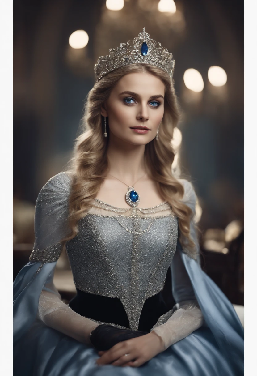 Full-body shot of a noble female in her 20s, inspired by Melanie Laurent, silver circlet, black modern royal clothes with silver details, bright silvery blue eyes and pale white skin, ultra sharp focus, realistic shot, in modern royal setting,