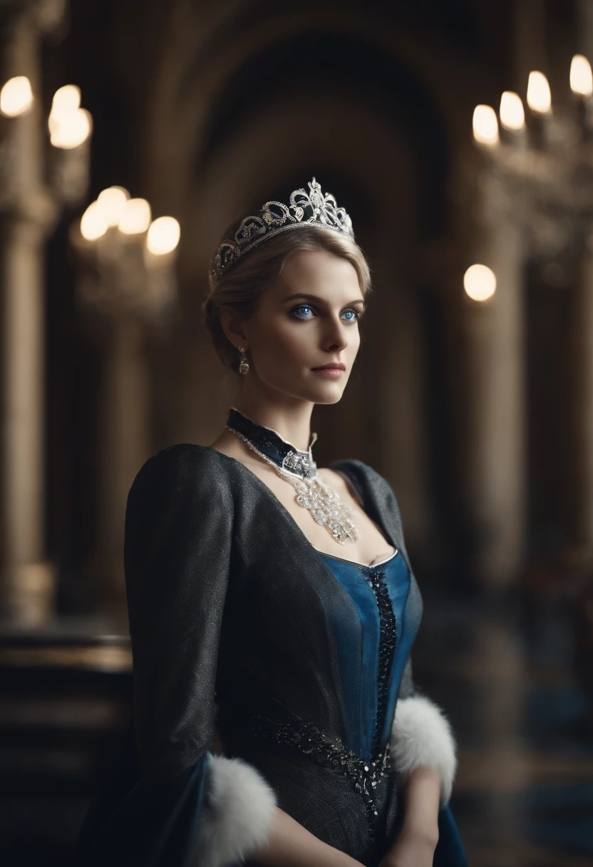 Full-body shot of a noble female in her 20s, inspired by Melanie Laurent, silver circlet, black modern royal clothes with silver details, bright silvery blue eyes and pale white skin, ultra sharp focus, realistic shot, in modern royal setting,