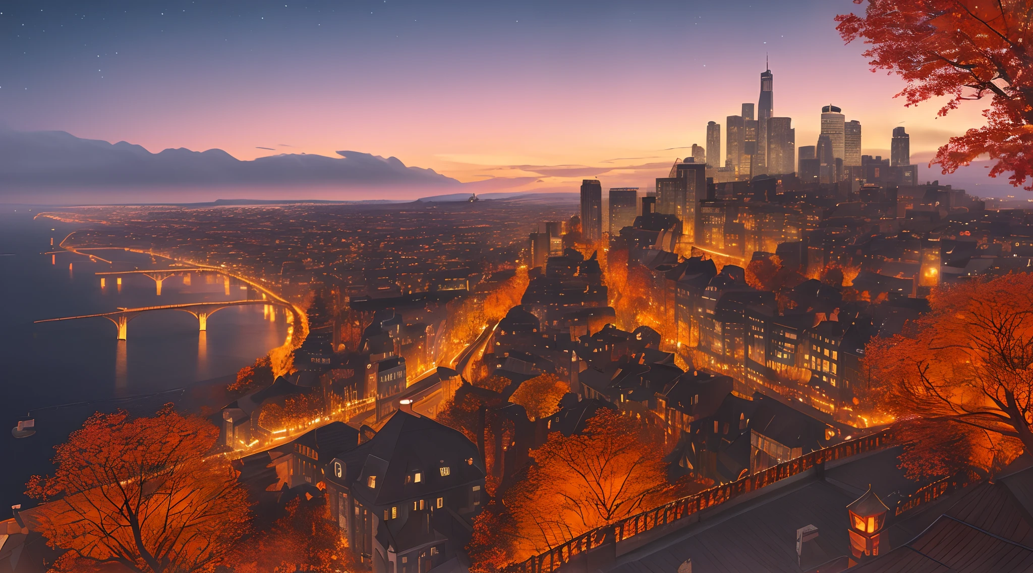 In the blood aurora cliff autumn scene, (best quality,4k,8k,highres,masterpiece:1.2),ultra-detailed,(realistic,photorealistic,photo-realistic:1.37) imagery showcases a breathtaking landscape. The main focus is on a city surrounded by towering trees, The city is depicted in a vibrant and bustling manner, with colorful lights illuminating the streets and buildings. The architecture varies from modern skyscrapers to traditional structures, creating a harmonious blend of old and new. The city's energy is palpable, as cars move along busy streets and people go about their daily lives. The cityscape is bathed in warm tones, with hints of orange and red that complement the autumn trees. The cliff rises dramatically behind the city, creating a sense of awe and grandeur. Its rough and rugged surface is contrasted by the gentle flow of a blood aurora in the night sky. The aurora adds an ominous and otherworldly element to the scene, with shades of deep red, purple, and pink dancing across the horizon. The mesmerizing display is a visual spectacle, capturing the imagination of anyone who gazes upon it. The autumn trees surrounding the city are a vivid display of vibrant colors. Their leaves range from fiery reds to golden yellows, creating a stunning contrast against the backdrop of the city. The trees are detailed and intricately painted, capturing the essence of the autumn season. The overall lighting of the scene is carefully crafted to enhance the mood and atmosphere. Soft, warm light bathes the city streets, casting gentle shadows and creating a sense of depth. The blood aurora adds an ominous glow to the scene, illuminating the landscape with its ethereal light. The combination of natural and artificial lighting creates a captivating visual experience. In summary, the blood aurora cliff autumn scene showcases a city nestled amidst towering autumn trees on the edge of a cliff, with a mesmerizing blood aurora as the backdrop.