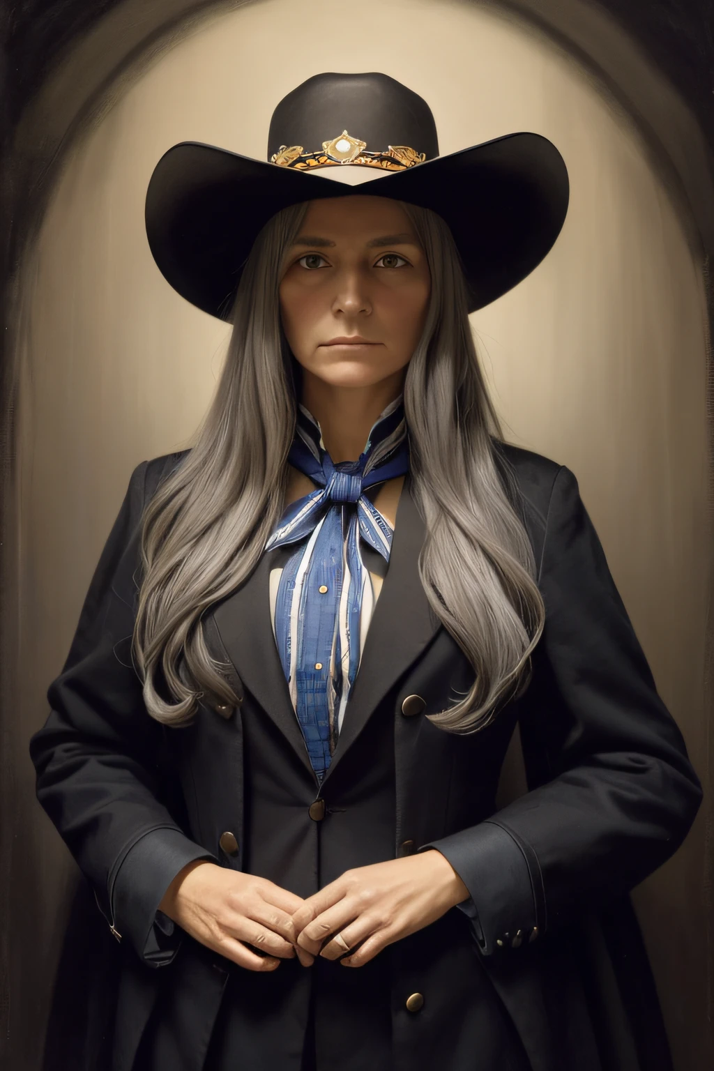 (Portrait of a Surrealist woman), (dark fantasy art: 1.6), David Hockney and Alphonse Mucha's style, Stunning realism, Dynamic lighting, 4K resolution, high detailed facial features, Award-winning, Cowboy Shot, (Official uniform: 1.4), long and gray hair, Deep Shadows.