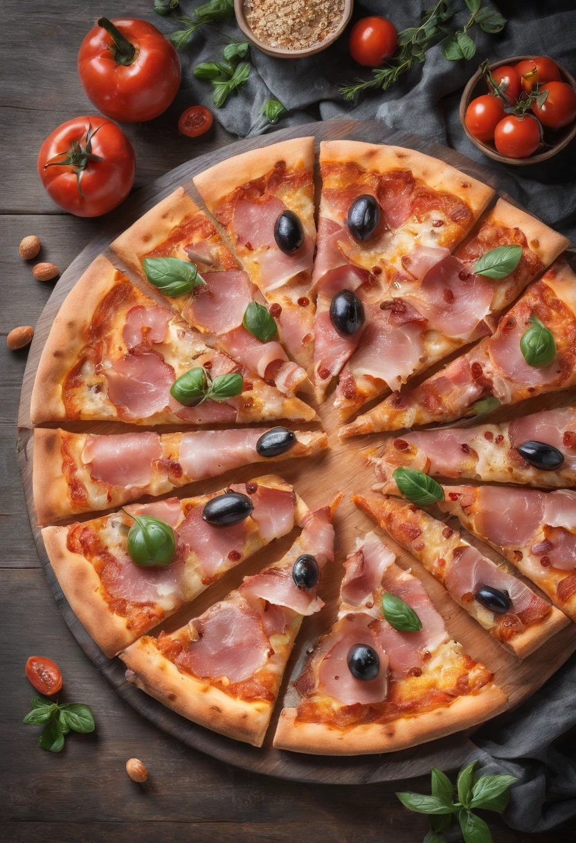 pizza de jamon y morrones, con panceta crocante, servida en una bandeja de metal, en una mesa de madera, con un vaso transpirado de cerveza fria, con el fondo de una playa en el verano a las 14 hs