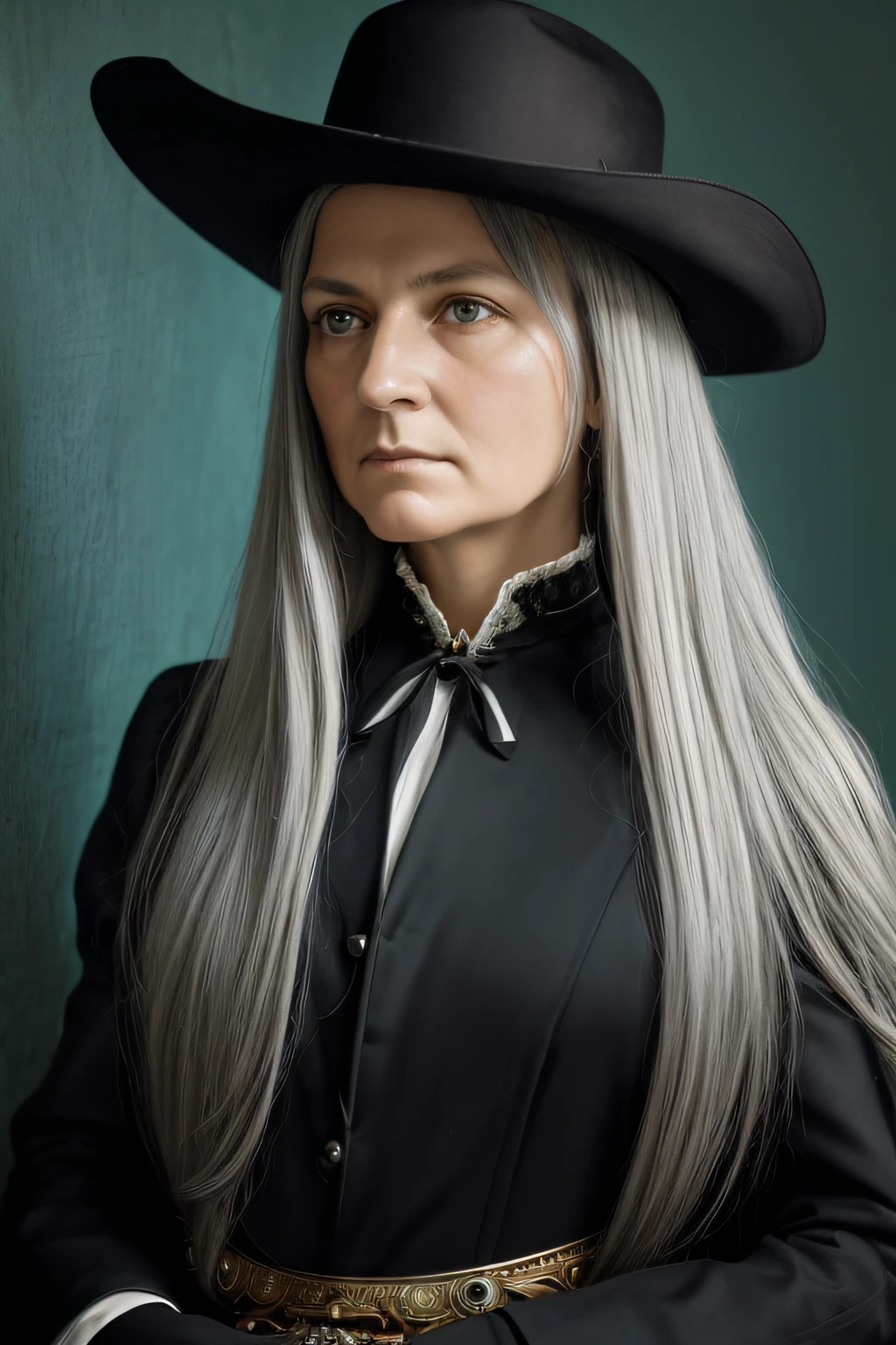 (Portrait of a Surrealist woman), (dark fantasy art: 1.6), David Hockney and Alphonse Mucha's style, Stunning realism, Dynamic lighting, 4K resolution, high detailed facial features, Award-winning, Cowboy Shot, (Official uniform: 1.4), long and gray hair, Deep Shadows.