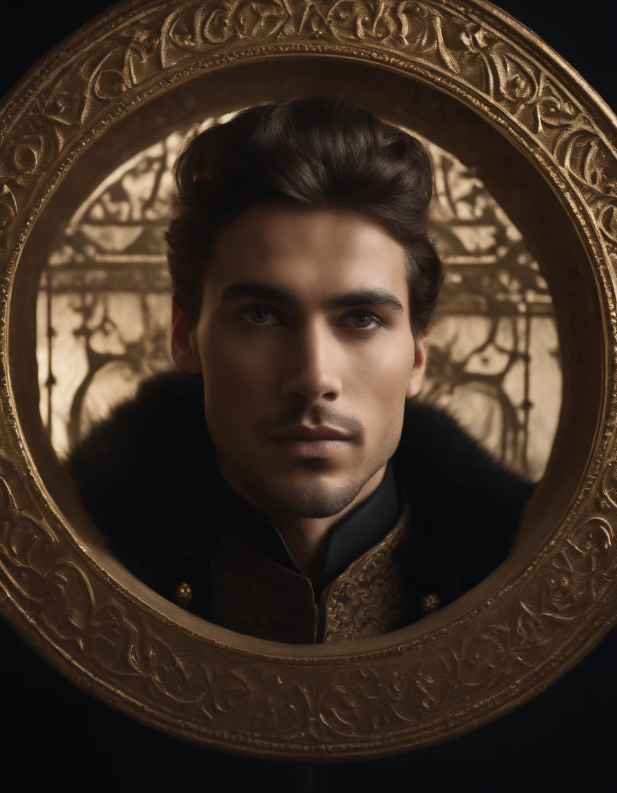 Cinematic portrait, ((upper body)), facing the audience, (Reality :1.3), the world's most beautiful artwork photo, a man looking into the camera, Gothic costume, detailed beautiful face, action shot, (Intricate :1.4), simple background, global lighting, photorealistic, CG, Art Station