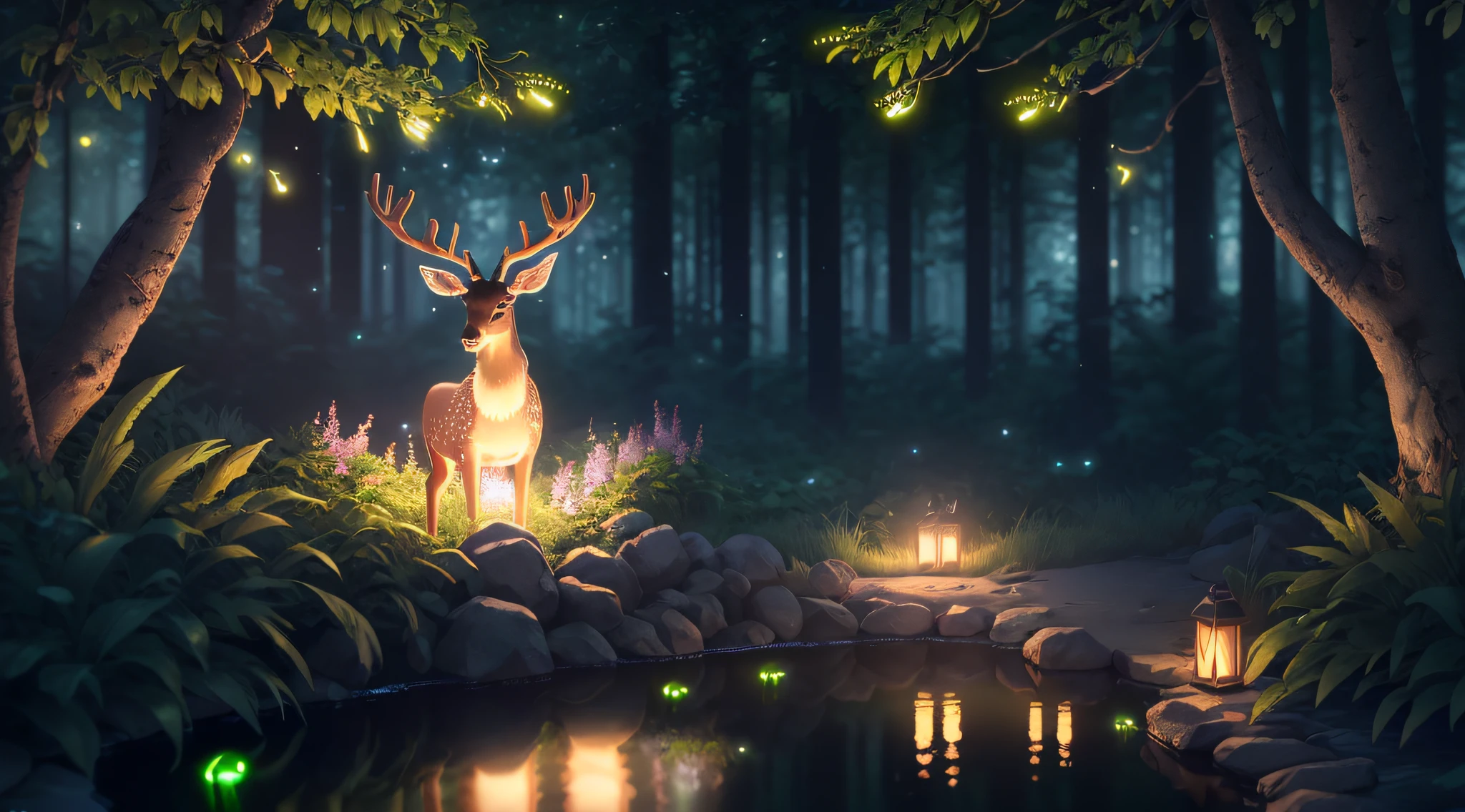 Masterpiece, best quality, (very detailed CG unity 8k wallpaper), (best quality), (best illustration), (best shadows), glow sprite, with a glowing deer, in the swimming pool Drinking water, natural elements in the forest theme. Mysterious forest, beautiful forest, nature, surrounded by flowers, delicate leaves and branches surrounded by fireflies (natural elements), (jungle theme), (leaves), (twigs), (fireflies), (particle effects) etc. 3D , Octane rendering, ray tracing, super detailed