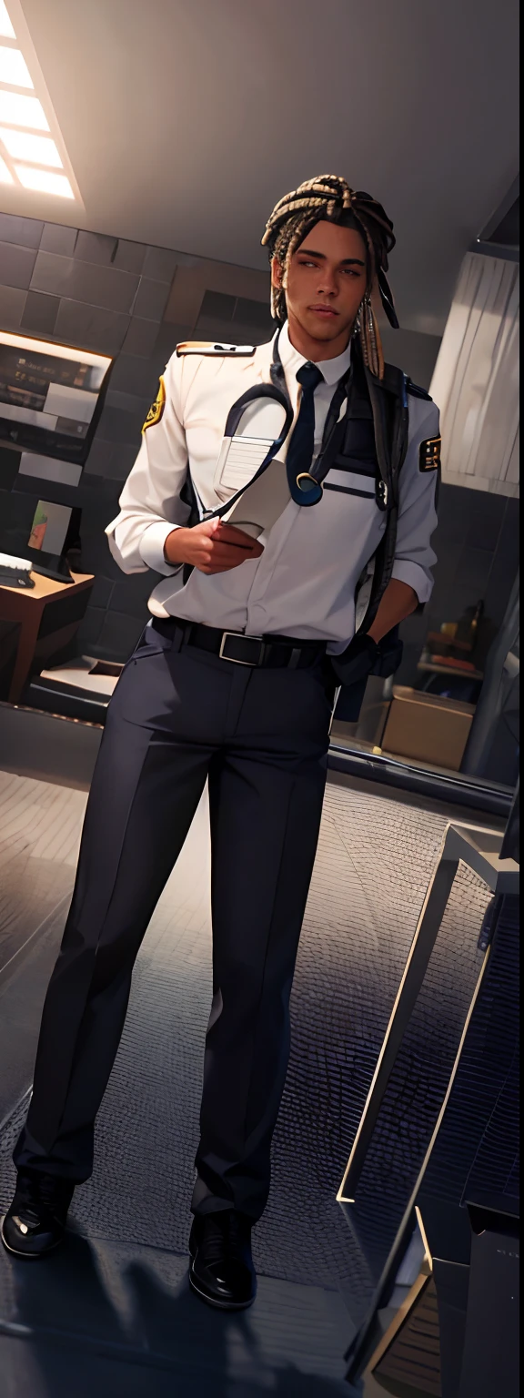 there is a black man with gray dreads standing in a room with a tie on, full body shot hyperdetailed, outfit: doctor, security agent, doctor officer, doctor, wearing a doctor uniform, full uniform, emt uniform, full body picture, full body camera shot, zoomed out full body, full body close-up shot, in-game, in - game, in game