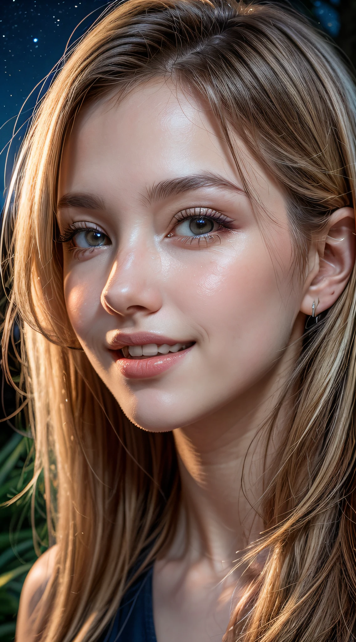 (1girl), Solo, Extremely cute, Amazing face and eyes, (Beautiful lovely smile), Blonde hair, (extremely detailed beautiful face), bright shiny lips, (Best Quality:1.4), (Ultra-detailed), (A hyper-realistic, Photorealsitic:1.37), Beautiful fair skin, extremely detailed CG unified 8k wallpaper, RAW Photos, professional photograpy, Cinematic lighting, dense woods, (nighttime scene, Quiet Night Jungle:1.2), (Silence, night sky:1.3),