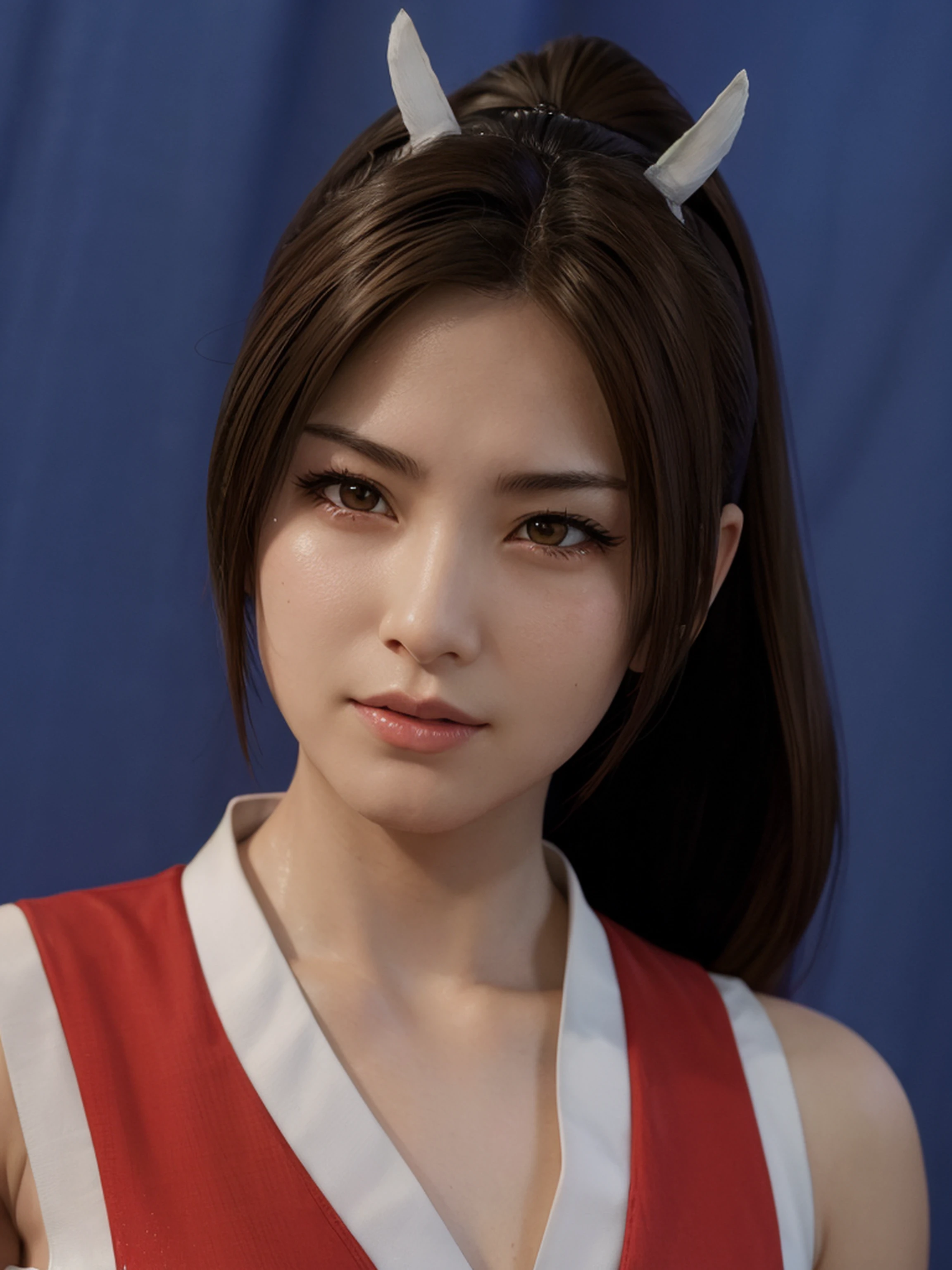 Mai Shiranui, rosto delicado, olhos castanhos claros, maquiagem oriental, Angry expression, textura ultra realista