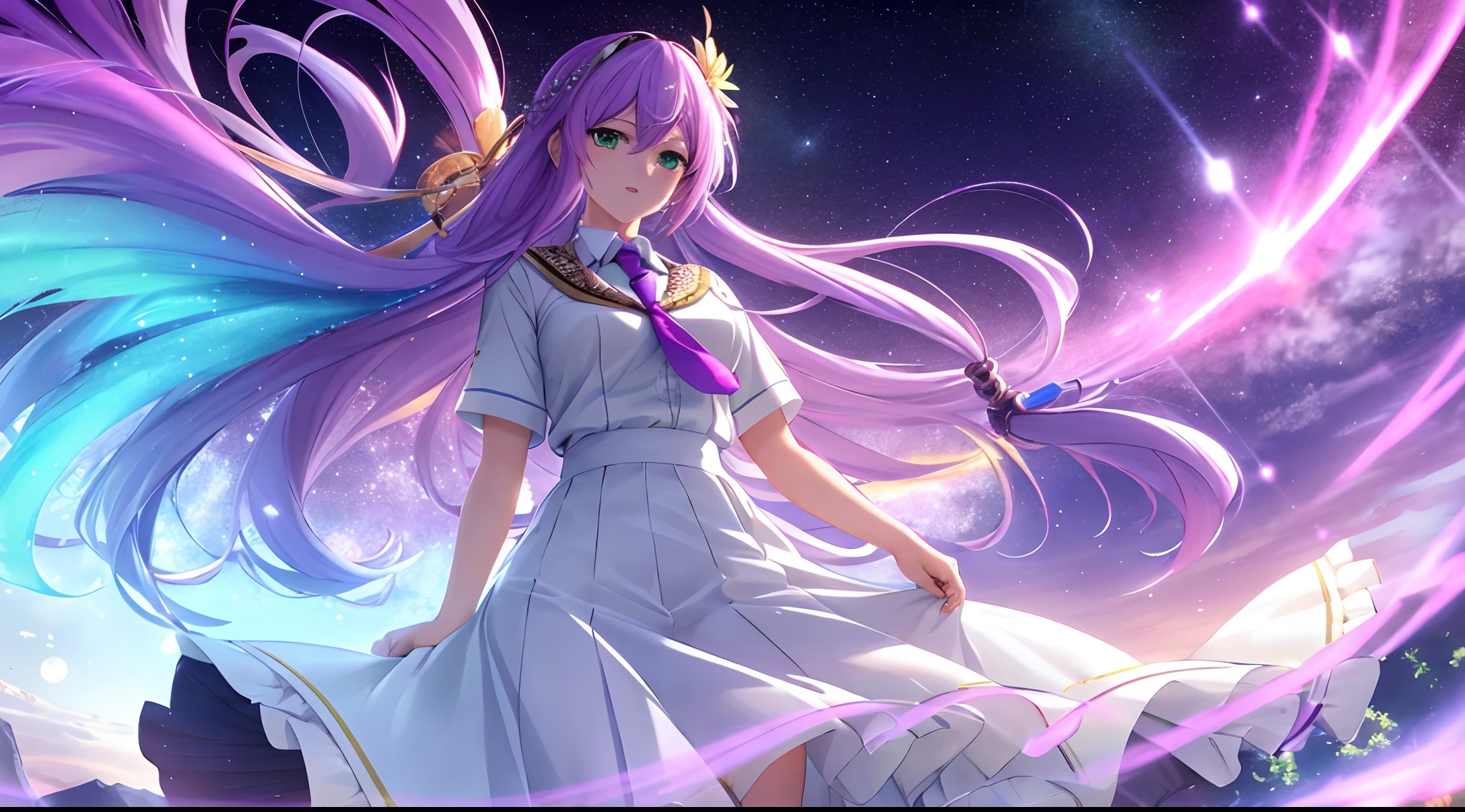 Athena with plain long light purple hair,hair between eyes,green eyes,rosy cheeks,full lips,thin eyebrows,slender body,wearing school uniform necktie and full long skirt,praying beads on neck,cute anime girl,full body,desert night sky nebulae in background,anime style,Lumen Reflections,Screen Space Reflections,Diffraction Grading,Chromatic Aberration,GB Displacement,Scan Lines,Ray Traced,Anti-Aliasing,FXAA,TXAA,RTX,SSAO,Shaders,OpenGL-Shaders, GLSL-Shaders,Post Processing,Post-Production,cell Shading,Tone Mapping,CGI,VFX,SFX,insanely detailed and intricate, 4K,standing, solo, masterpiece, best quality, detailed face, detailed eyes, highres, standing, solo,masterpiece, best quality