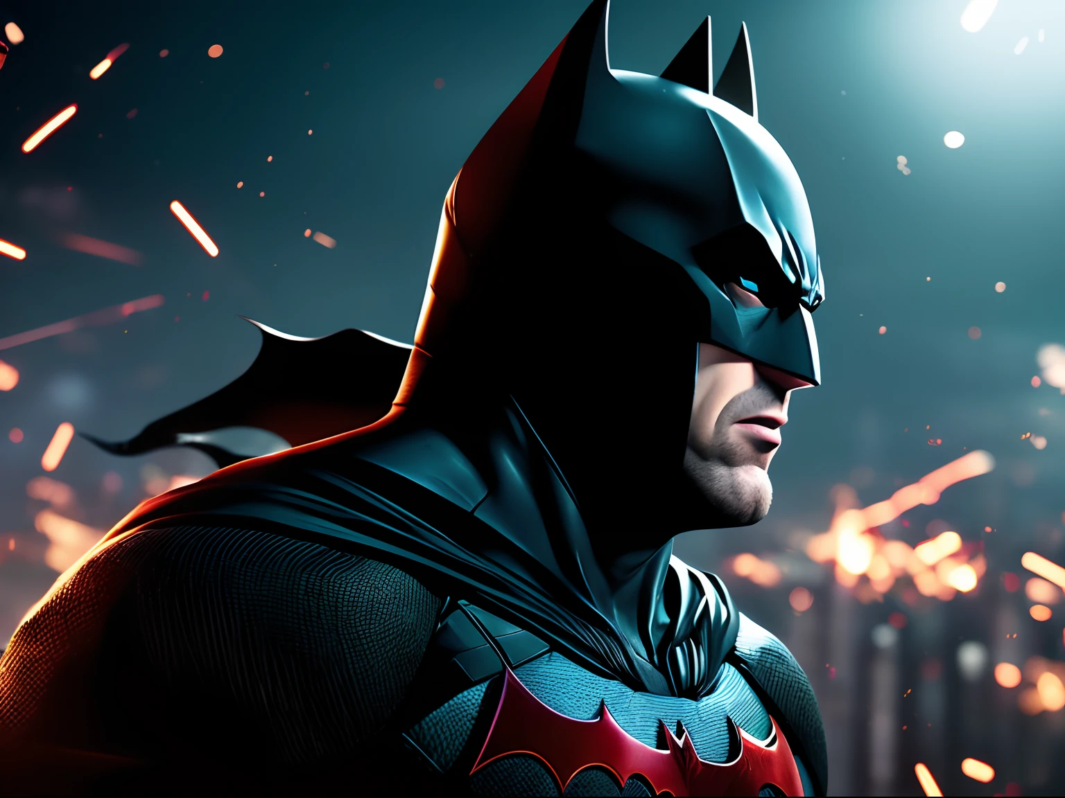 Dynamic representation of Batman, wallpaper hd, in the style of vivid energy explosions, 8k, realistic and hyper-detailed renderings, precisionist art, photorealistic scenes, epic, glassy translucence, detailed and intricate environment, unreal engine, strong facial expression.