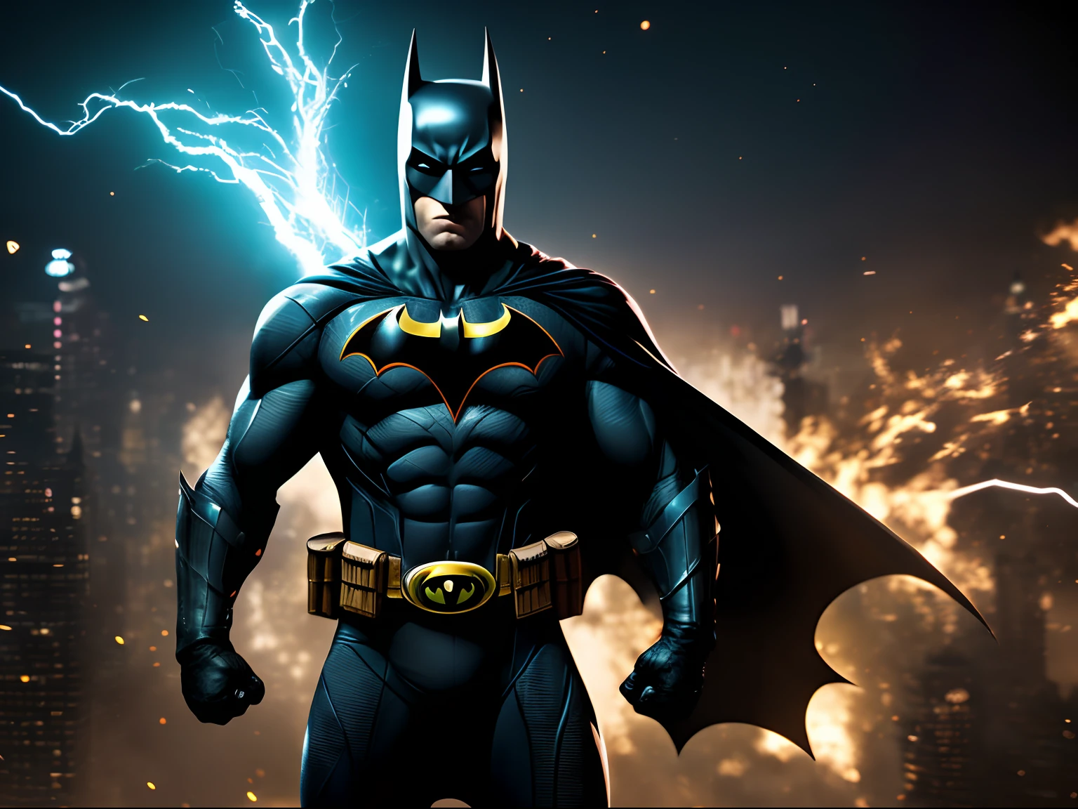 Dynamic representation of Batman, wallpaper hd, in the style of vivid energy explosions, 8k, realistic and hyper-detailed renderings, precisionist art, photorealistic scenes, epic, glassy translucence, detailed and intricate environment, unreal engine, strong facial expression.