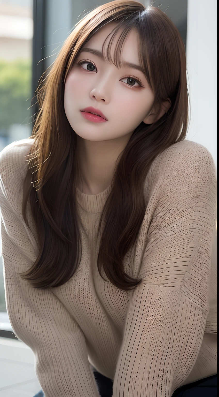 finely detail, hight resolution, hightquality、Perfect dynamic composition, Beautiful detailed eyes, Medium Hair, small tits、Natural Color Lip,Kamimei、Shibuya、20 years girl、1 persons、Transparent skin、Glowing hair、masutepiece, Best Quality, Illustration, Ultra-detailed, finely detail, hight resolution, 8K、The correct state of the human body、Crouch down、pretty pose,dishevled hair,beauty legs,Perfect beautiful face,KPOP Idol Face,Face that feels ecstasy,Sweaters()