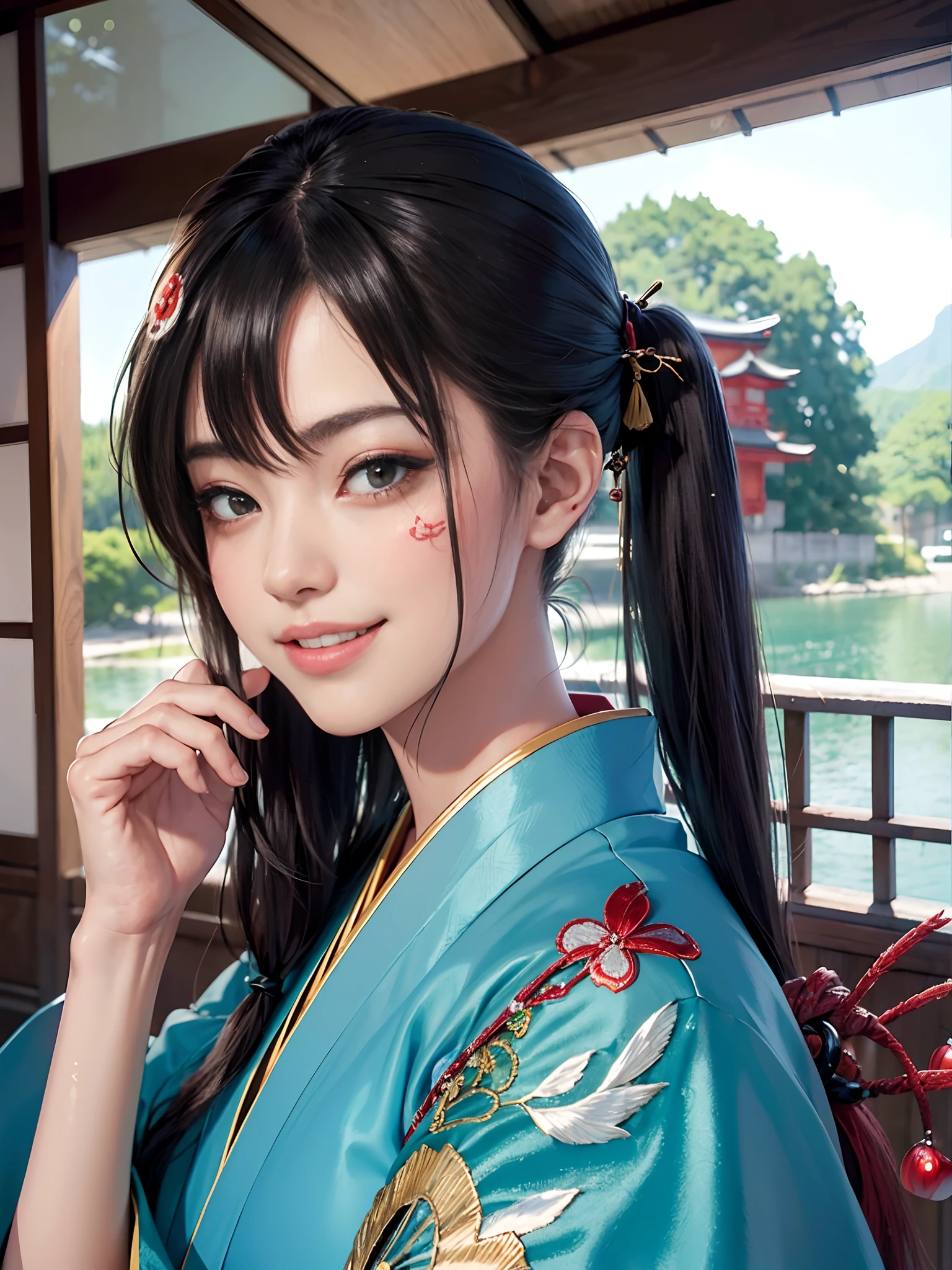 (rokoko:1.5),Background of details(Lakeside scenery outside the window:1.2),BREAK ,elaborate costume(Luxury kimono(Colorful kimono(detailed embroidery(Yokai embroidery)))),BREAK,(1 Beautiful and classy adult woman(Shy smile:1.5)(Japanese actressl:1.2)(glossy dark hair(poneyTail:1.2))),(eye glass(four corners:1.2)),(Have a soft-serve ice cream:1.2),BREAK,Wallpapers 16K,Blur the background,(masutepiece:1.5),(Best Quality:1.5),(Portrait photos:1.5),full body Esbian