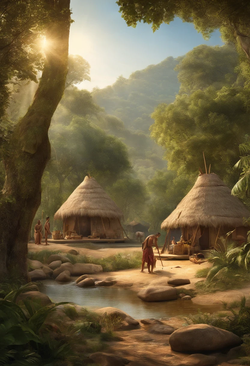 In a Mesolithic human settlement dated to about 11,000 a.C., A vivid and detailed scene unfolds. The warning shows the beauty of this age through the following elements::

Assentamento humano, natural: The focal point of the image is a bustling human settlement in a serene natural environment. The settlement consists of huts made of wood and animal skins, misturando-se perfeitamente com a paisagem circundante.

luscious greenery, floresta densa: O assentamento encontra-se aninhado dentro de um exuberante, floresta densa, with towering trees and vibrant foliage. The forest provides a sense of tranquility and harmony with nature.

Rio Cristalino: Um rio cristalino serpenteia pelo assentamento, its sparkling water reflecting sunlight. The river not only serves as a source of life and sustenance, but it also adds a calming element to the image.

Hunter-gatherer activities: Dentro do assentamento, Individuals are involved in various hunter-gatherer activities. Some are seen hunting with bows and arrows, while others are picking fruits and nuts. This element illustrates the close connection between humans and nature during this time.

luz solar dourada quente: The image is bathed in warm, golden light, casting a soft glow over the scene. A luz do sol cria uma atmosfera serena e convidativa, enhancing the overall beauty of the settlement.

tons suaves de terra: A paleta de cores da imagem consiste em tons suaves de terra, espelhando o ambiente natural. This color scheme enhances the harmonious and organic feel of the scene.

Every detail in this prompt aims to capture the essence of Mesolithic human settlement, mostrando a beleza do ambiente, a desenvoltura de seus habitantes, and the peaceful coexistence between the human being and nature.