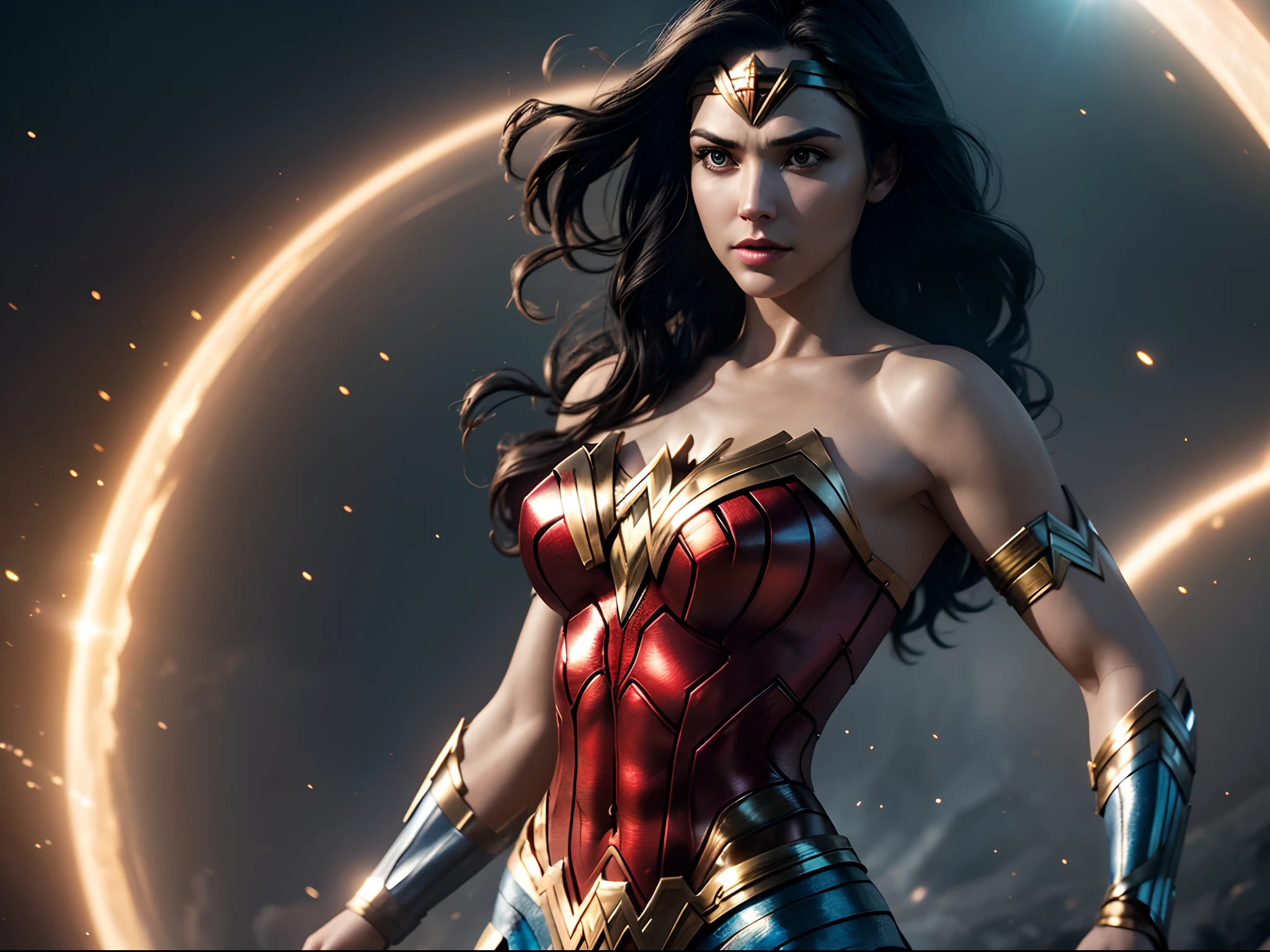 Scene from Movie, Wonder Woman from DC close-up, Distorted space, distorted undead in the background, lens flare glow, light shafts, Intricate details, high detal, voluminetric lighting, 4K rendering, stockphoto, Hyper-realistic, Realistic textures, Dramatic lighting, illusory engine