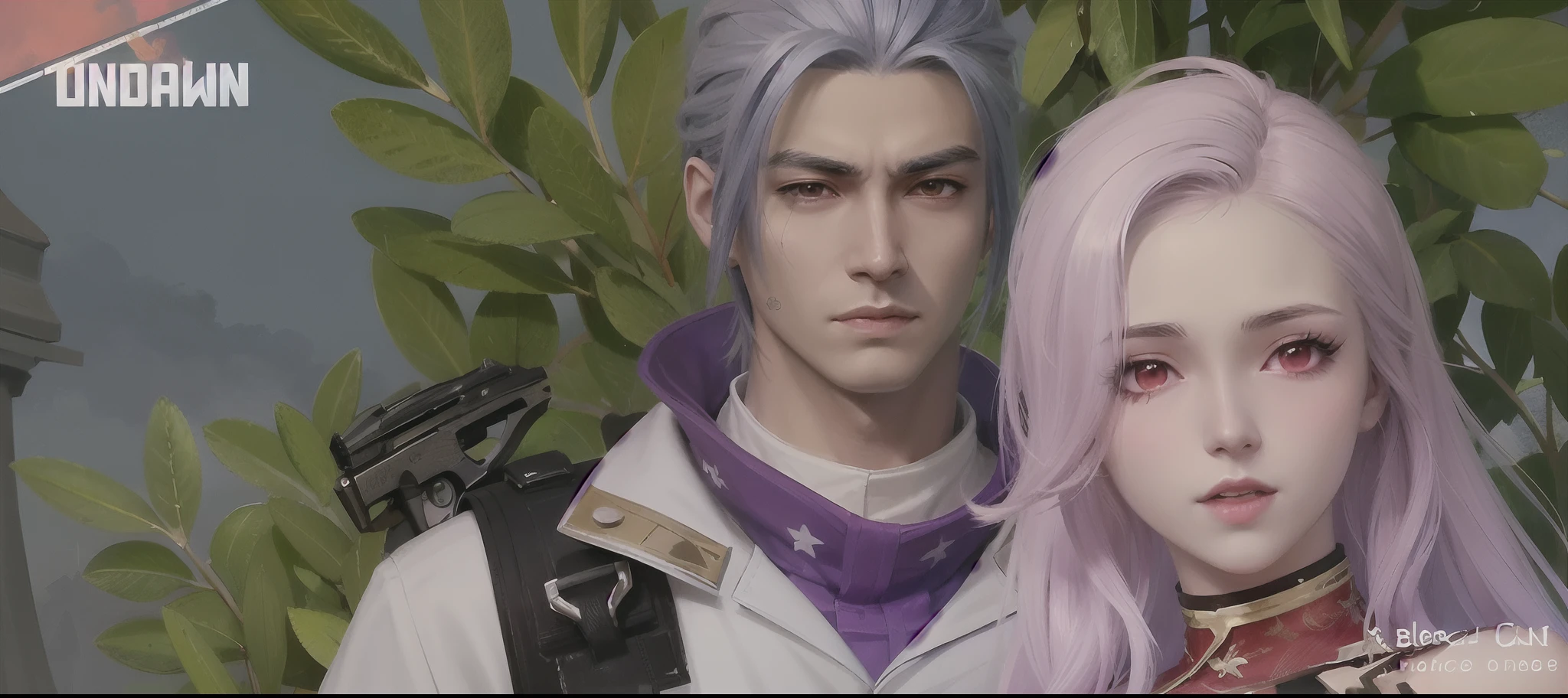 a close up of a person with purple hair and a man with a gun, aion, character close up, sakimichan and frank franzzeta, <mmorpgs scene, kda and sam yang, close up character, nixeu and sakimichan, with fully detailed faces, character close-up, ruan jia and brom