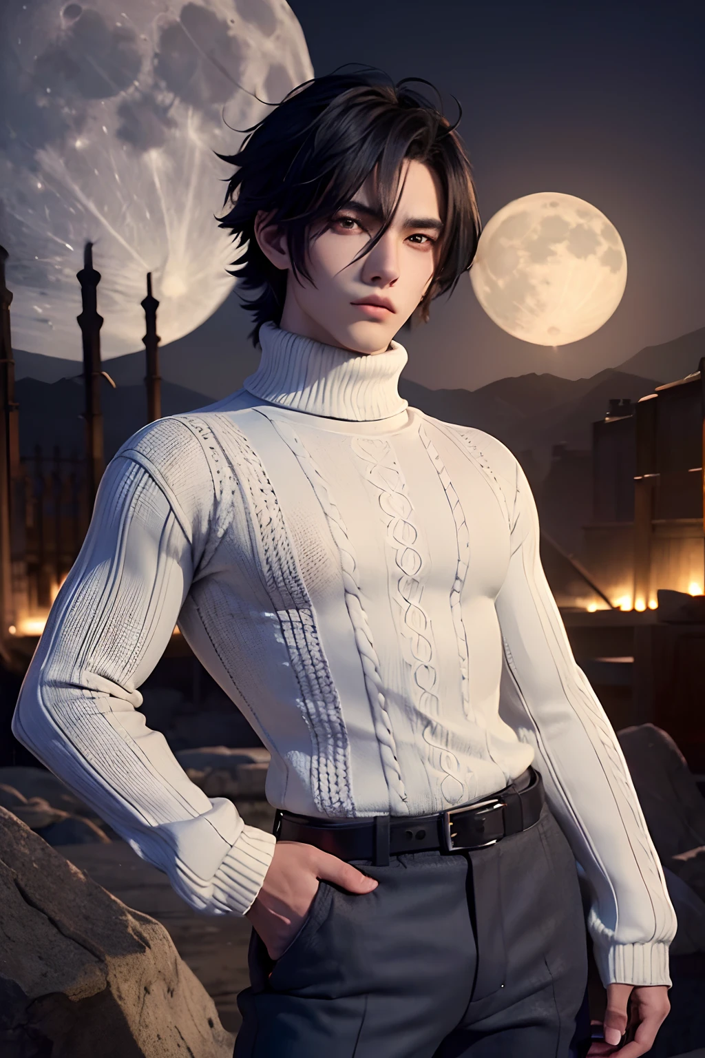 (((1 young man 21 years old))), anime character with short hair, black hair, ancient city background, ((large moon)), handsome man in demon slayer art, epic fantasy art style, badass anime 8k, epic fantasy digital art style, detailed digital anime art, human male demon, portrait of hades, epic fantasy art style hd, fierce expression 4k, perfect eyes, perfect skin, demon male, extremely detailed artgerm, ((wearing thick white turtleneck kneaded long sleeve sweater)), dark blue long pants, wind magic