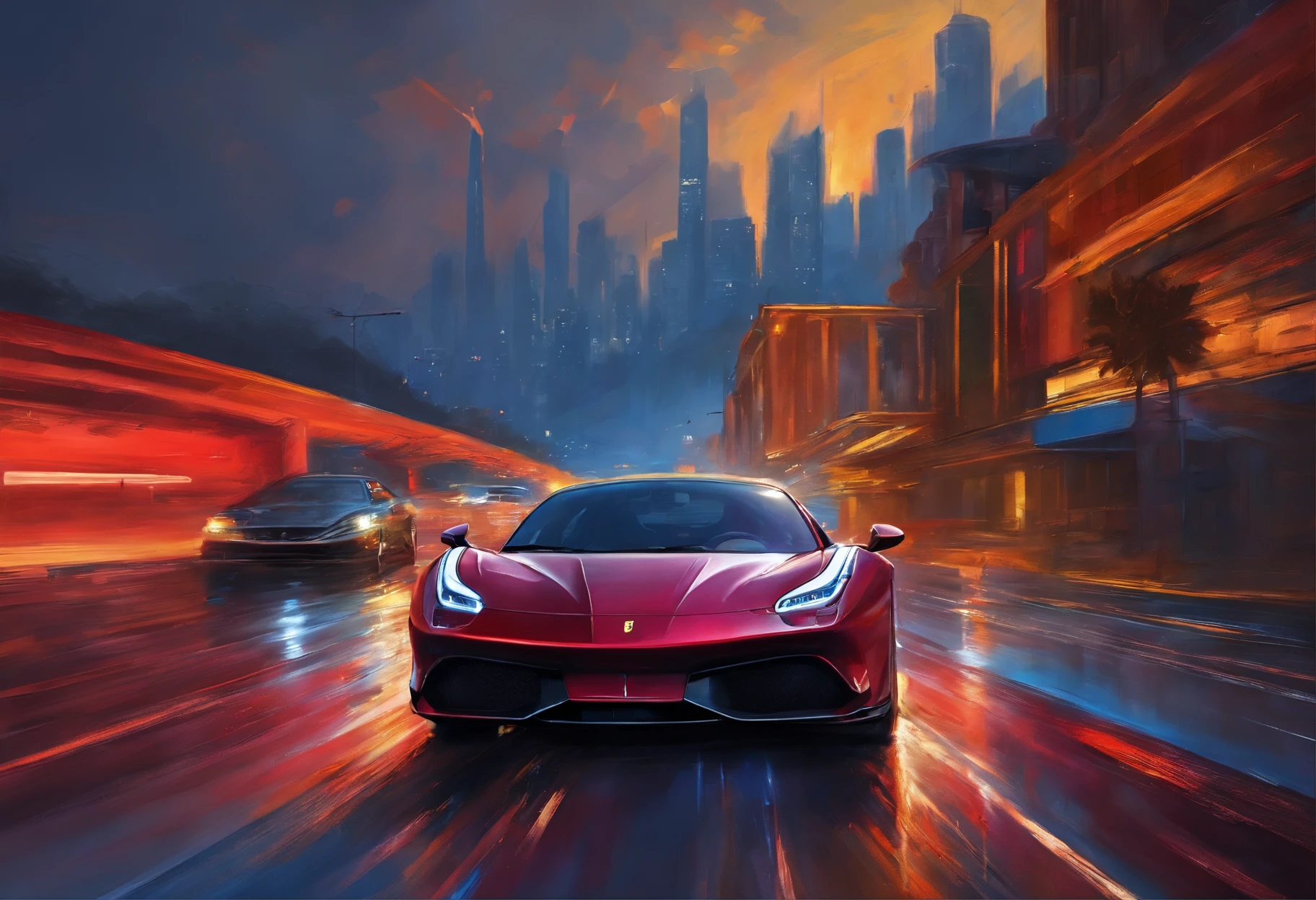 (Best quality, 8k, Masterpiece :1.2), hyper realistic, cyberpunk, at a mountain, an detailed red Ferrari 488, Speeding on the highway, (Facing the audience), The blue skyscraper in the background, at night,