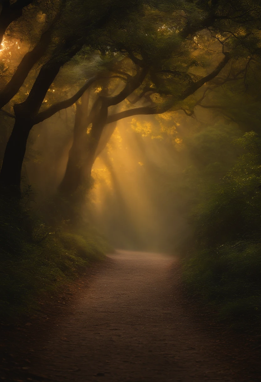A path through a forest with sunbeams shining through the trees - SeaArt AI