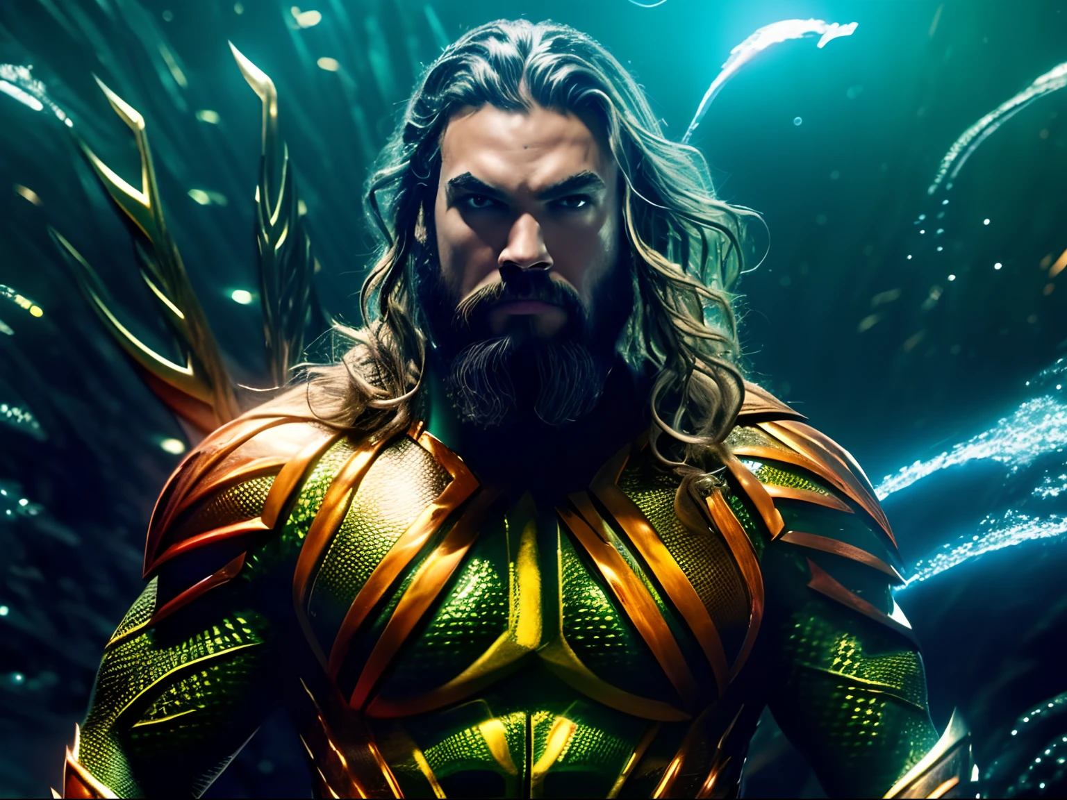 Dynamic representation of Aquaman, wallpaper hd, in the style of vivid energy explosions, 8k, realistic and hyper-detailed renderings, precisionist art, photorealistic scenes, epic, glassy translucence, detailed and intricate environment, unreal engine, strong facial expression.