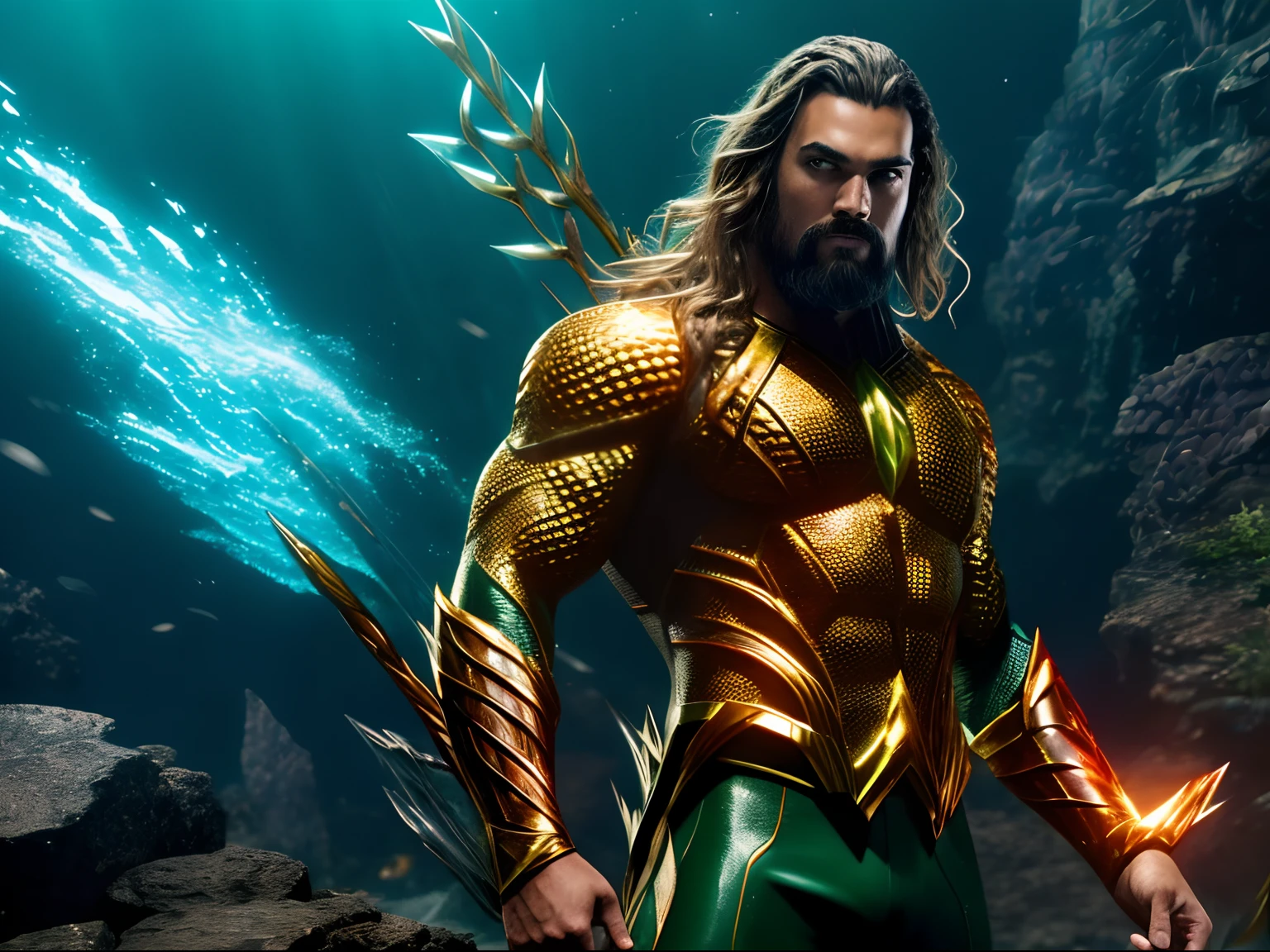 "(8k, foto RAW, melhor qualidade, obra-prima: 1.2), ultra-detalhado, arte formal, fotorrealismo: 1.37, foto na parte superior do corpo, DC Aquaman, grain of film, Action Pose, colar de bitcoin".