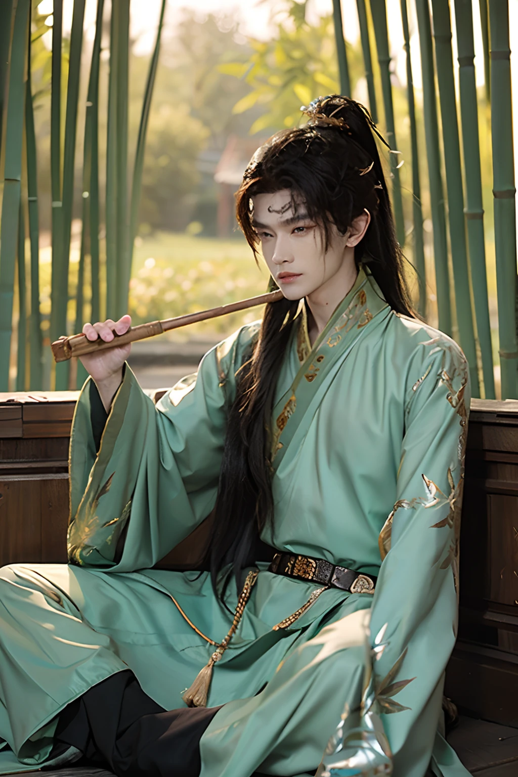 masterpiece,(masterpiece, top quality, best quality),(((realistic))),(3d:1.2),jewelry,long hair,earrings,(1boy:1.3),male focus,solo,hair ornament,ponytail,looking at viewer,chinese clothes, ancient clothes, full body,black hair, handsome, green eyes, green clothes, bamboo, fan, expensive clothing, unhappy, frowning, upset, pout