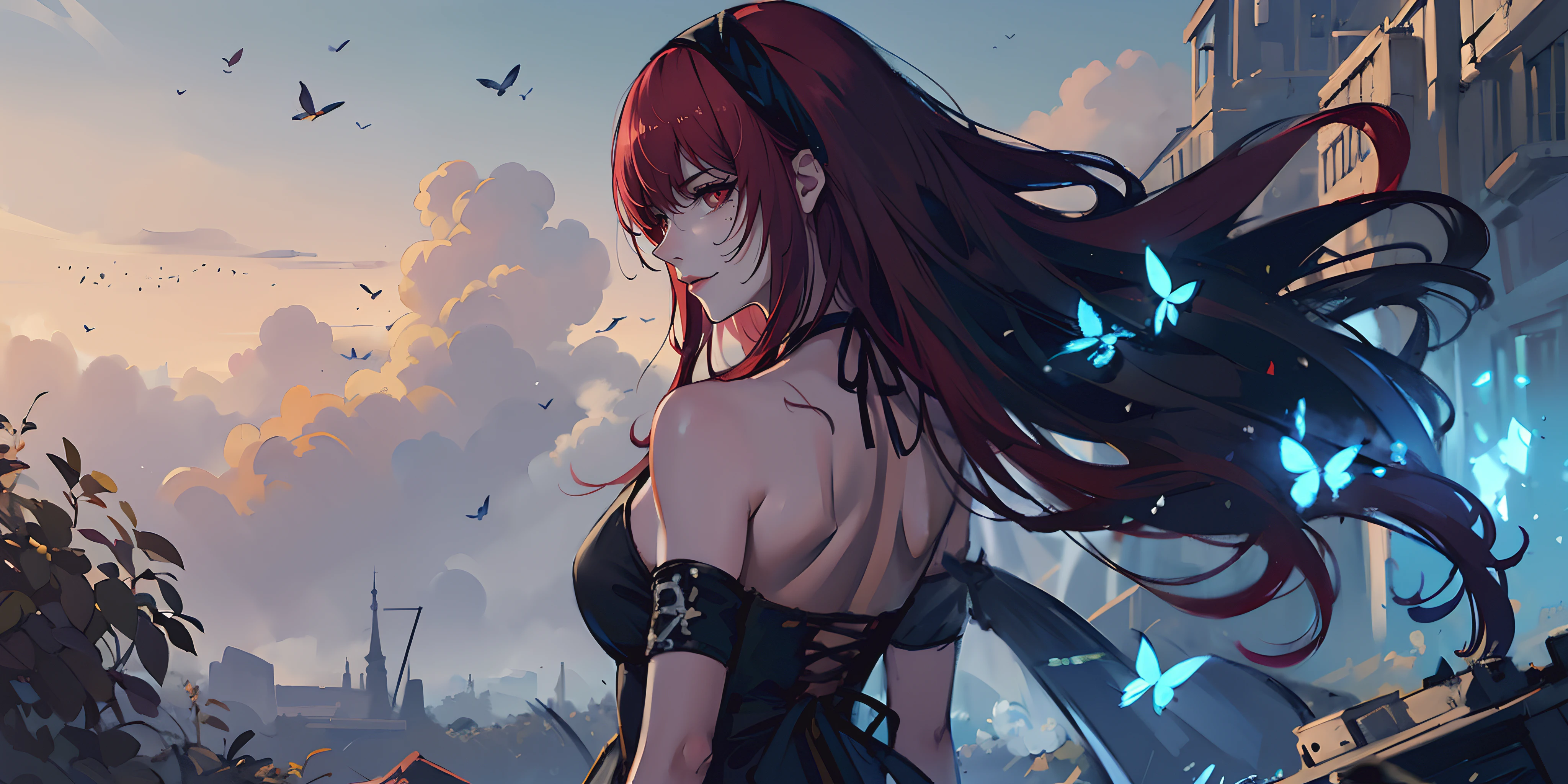 (long hair, red hair:1.6), black hairband, epic art, fantasy, letterboxed, butterfly, insect, bug, 1girl, blue_butterfly, cloud, sky, solo,  back, bare_shoulders, breasts, building, dress, bird, cloudy_sky, outdoors, black_dress, lips, profile, blue_sky, from_behind, eyelashes, sleeveless, "Photorealistic, Hyperrealistic, Hyperdetailed, analog style, soft lighting, subsurface scattering, realistic, heavy shadow, masterpiece, best quality, ultra realistic, 8k, golden ratio, Intricate, High Detail, film photography, soft focus", anime coloring, anime screencap, sweating, steaming body, fog