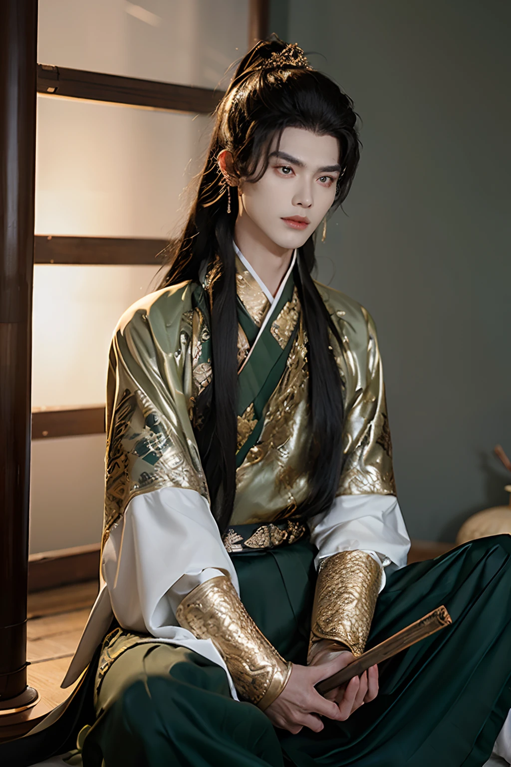 masterpiece,(masterpiece, top quality, best quality),(((realistic))),(3d:1.2),jewelry,long hair,earrings,(1boy:1.3),male focus,solo,hair ornament,ponytail,looking at viewer,chinese clothes, ancient clothes, full body,black hair, handsome, green eyes, green clothes, bamboo, fan, expensive clothing, unhappy, frowning, upset, pout