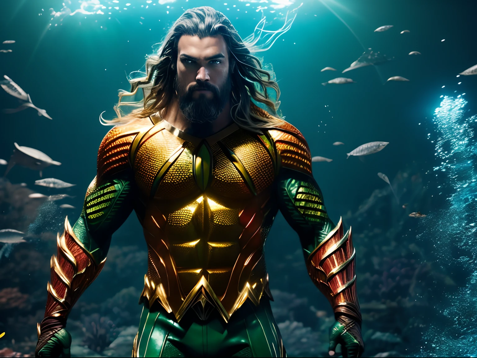 Dynamic representation of Aquaman, wallpaper hd, in the style of vivid energy explosions, 8k, realistic and hyper-detailed renderings, precisionist art, photorealistic scenes, epic, glassy translucence, detailed and intricate environment, unreal engine, strong facial expression.