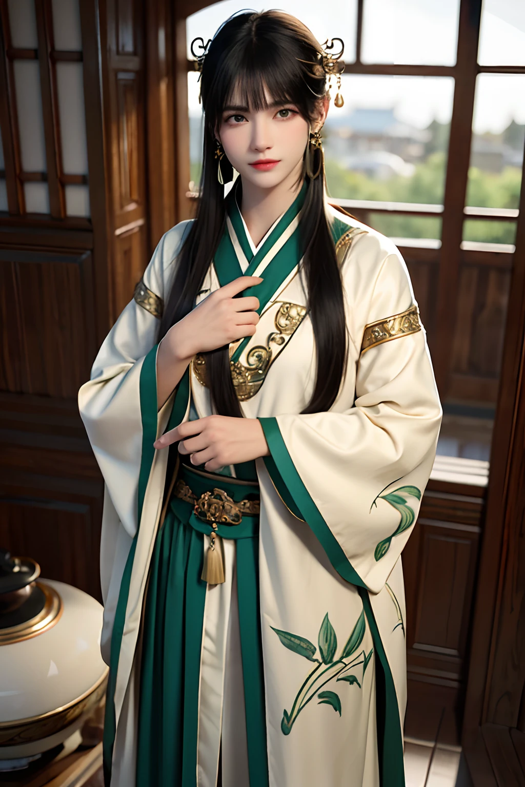 masterpiece,(masterpiece, top quality, best quality),(((realistic))),(3d:1.2),jewelry,long hair,earrings,(1boy:1.3),male focus,solo,hair ornament,ponytail,looking at viewer,chinese clothes, ancient clothes, full body,black hair, handsome, green eyes, green clothes, bamboo, fan, expensive clothing, tied wrists, captive, frowning