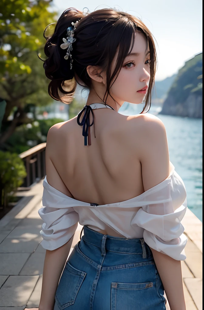 (Masterpiece,Best quality, Ultra photo realsisim,32K,RAW photo,Detail Skins, 8K UHD, Digital SLR,High quality, filmgrain:1.5), japanaese girl, Japanese girl, 15 me, 1girll, Woman in casual clothes, The background is blurred out, Bun hair , Balanced in a Mediterranean villa overlooking the sea , arms back behind