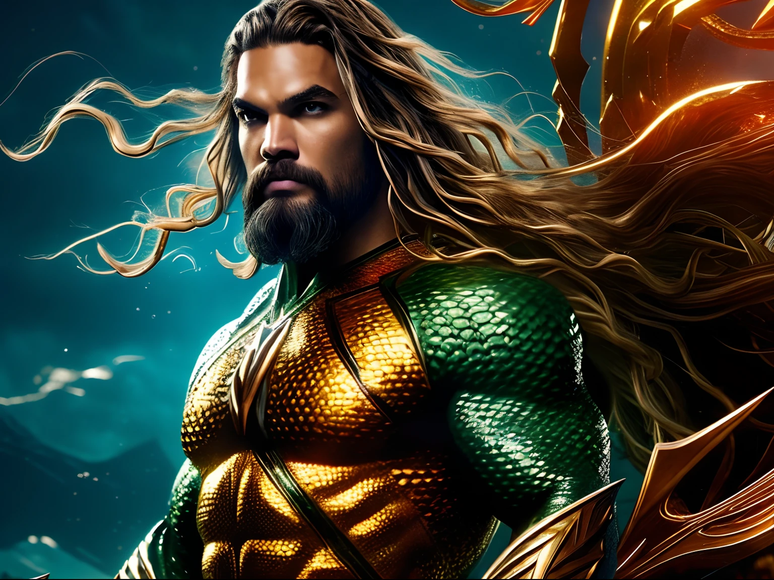 Dynamic representation of Aquaman, wallpaper hd, in the style of vivid energy explosions, 8k, realistic and hyper-detailed renderings, precisionist art, photorealistic scenes, epic, glassy translucence, detailed and intricate environment, unreal engine, strong facial expression.