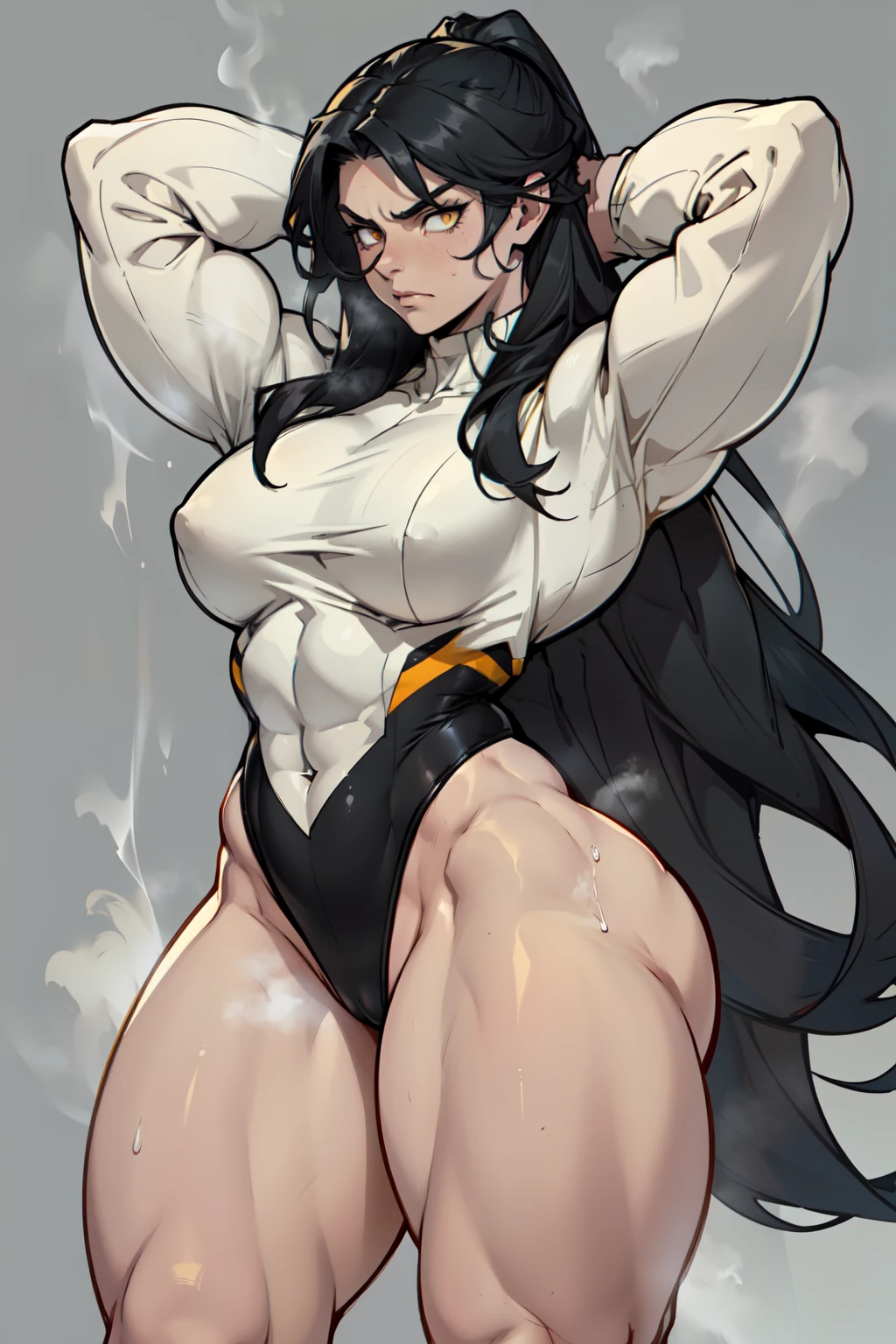 ((grey background))  pale skin black hair yellow eyes (very long hair) angry ((1 girl muscular toned body bodybuilder curvy wide hips thick thighs)) (solo) standing (long sleeves leotard arms over head sweaty foggy steam)