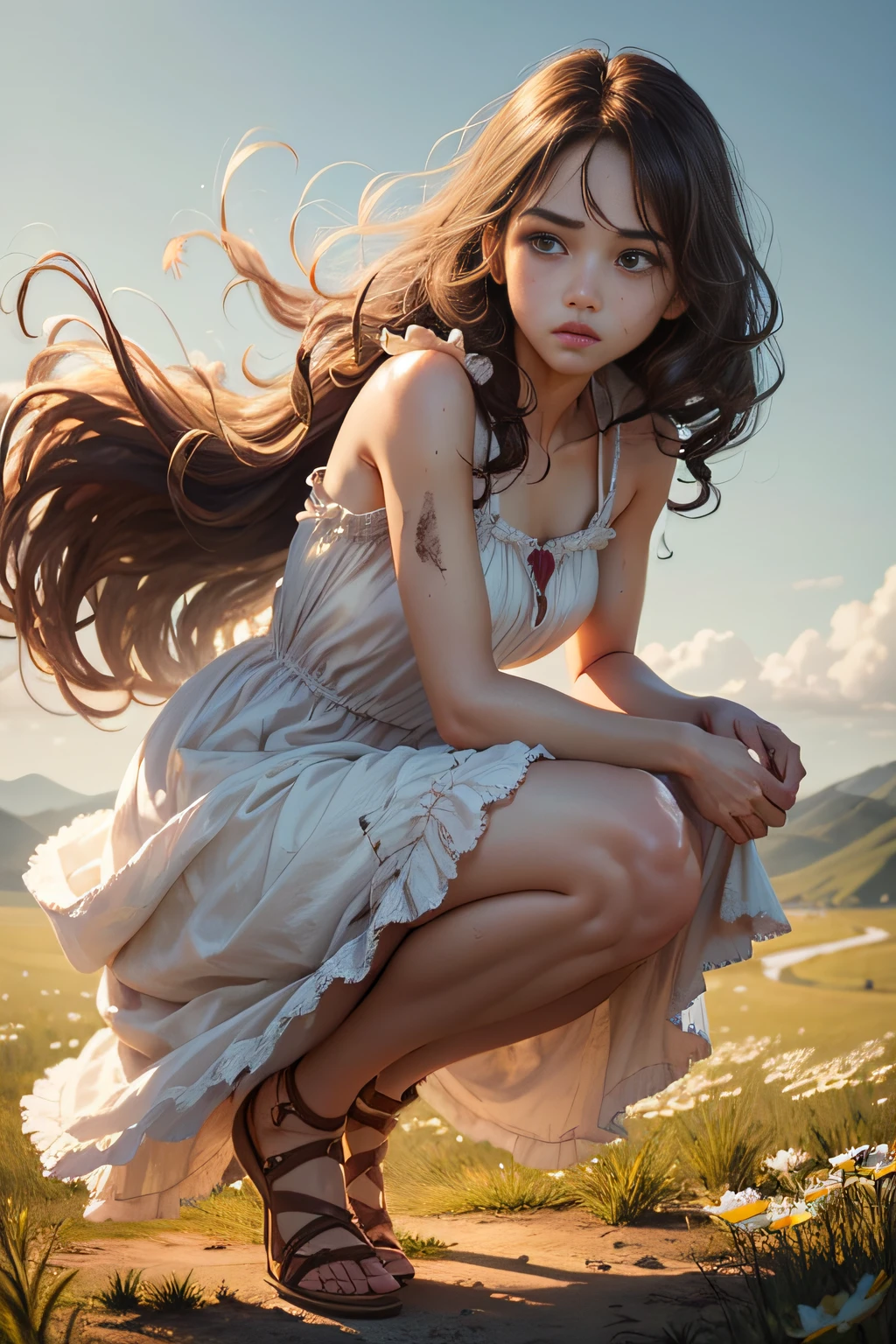 (Best Quality、Realistic、Photorealistic:1.37)、Strong fighting stance、fierce look、(Full body:1.5)、Classic painting style、Beautiful detailed eyes、long lashes、rosy cheeks、Rugged body、Wavy Hair、A flowing dress、Run Forever、Chasing the enemy、(Disheveled dress and hair:1.5)、(Skin shiny with sweat)、Blue Sky Background、A hill full of pink and white daisies、Vivid colors、strong contrasts、Soft lighting、